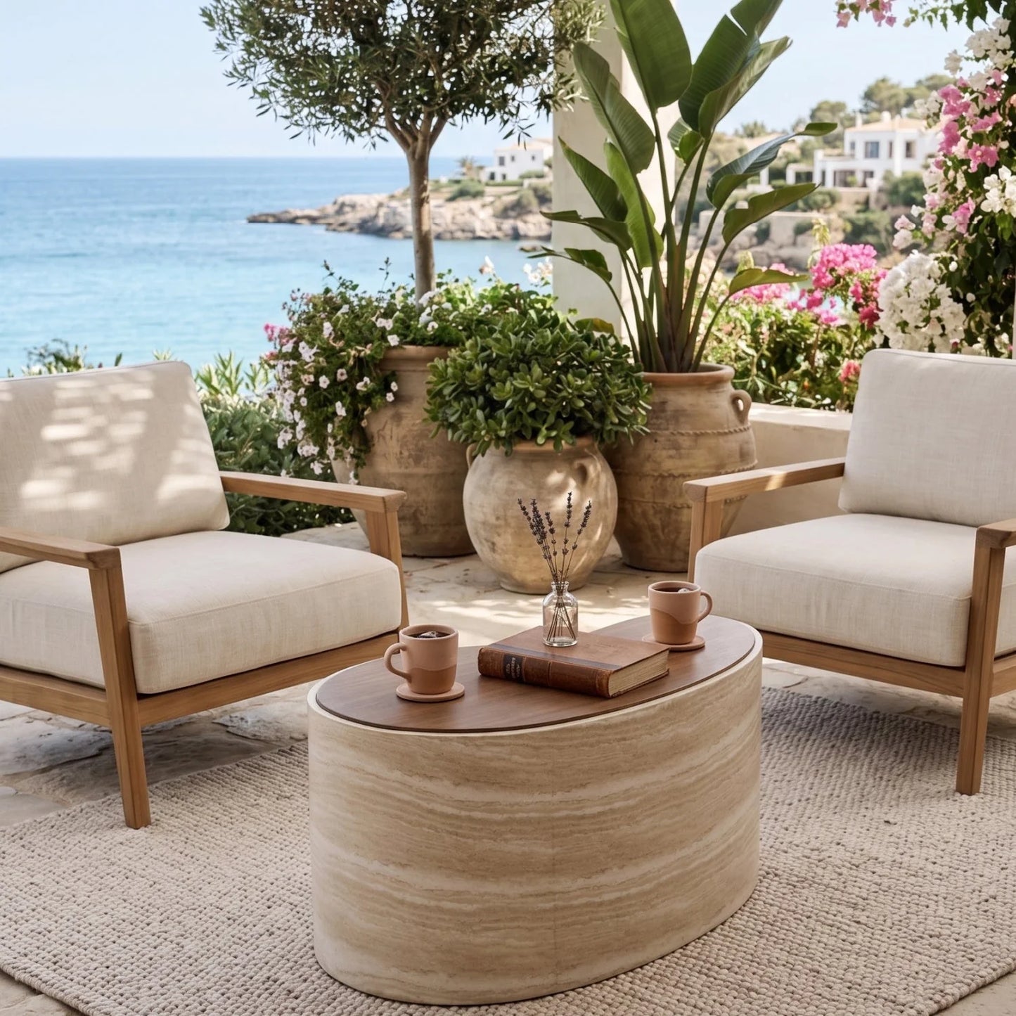 Luxury Travertine Look Freeform Coffee Table Modern Italian Style for Villa