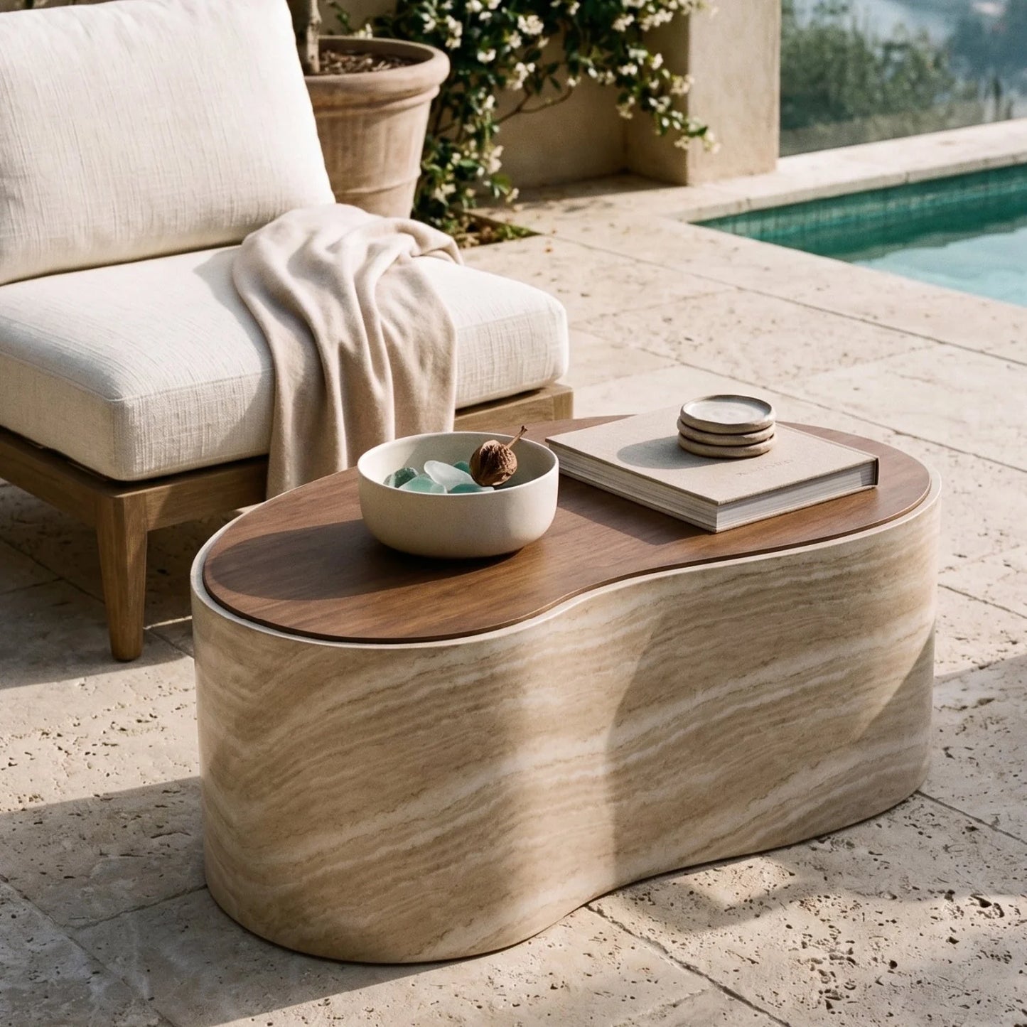 Luxury Travertine Look Freeform Coffee Table Modern Italian Style for Villa