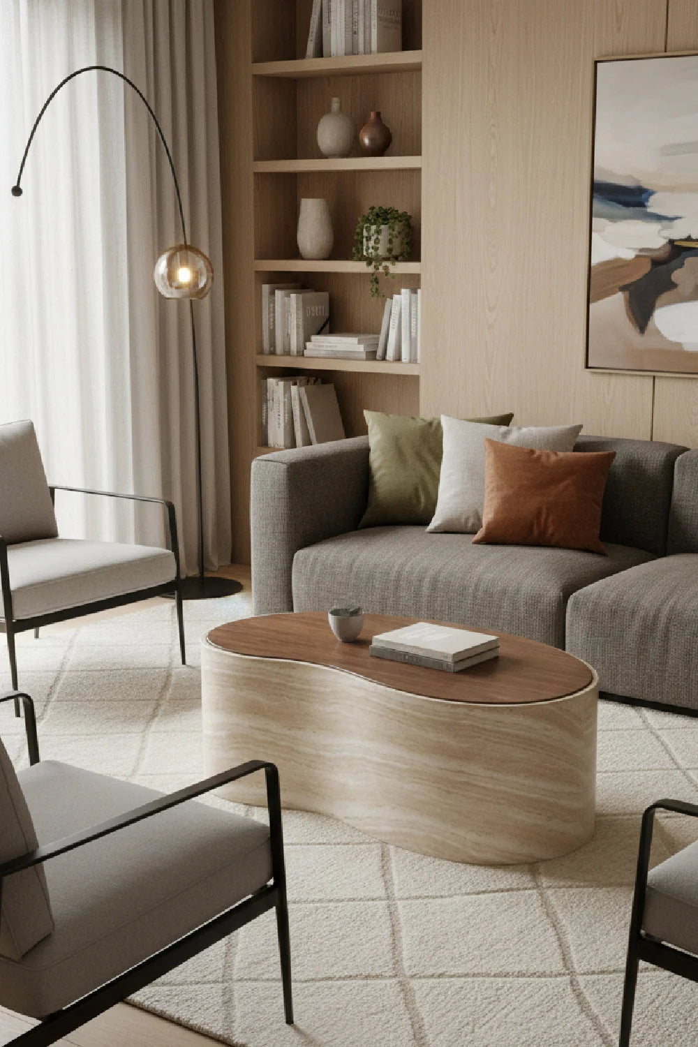 Luxury Travertine Look Freeform Coffee Table Modern Italian Style for Villa