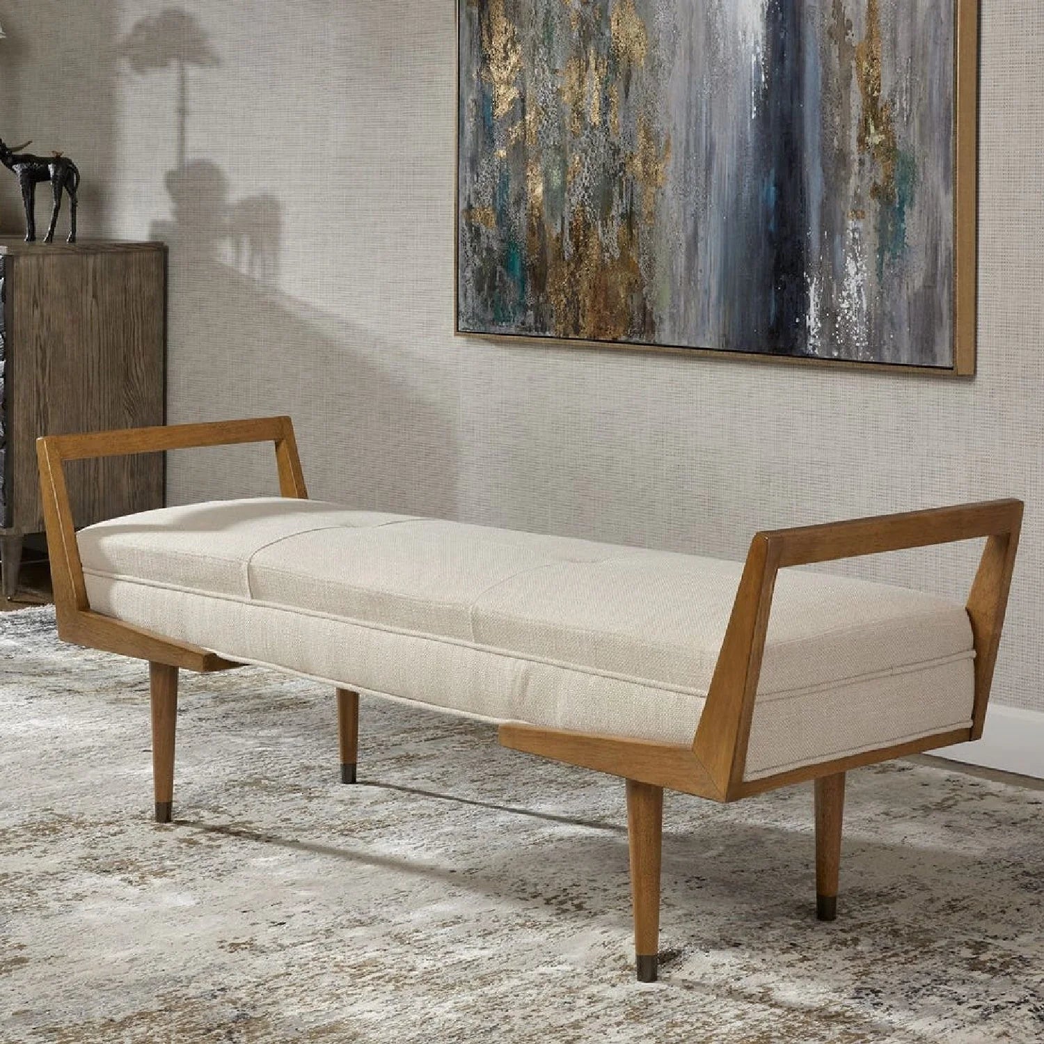Luxury Tufted Beige Fabric Bench European Style for Villa