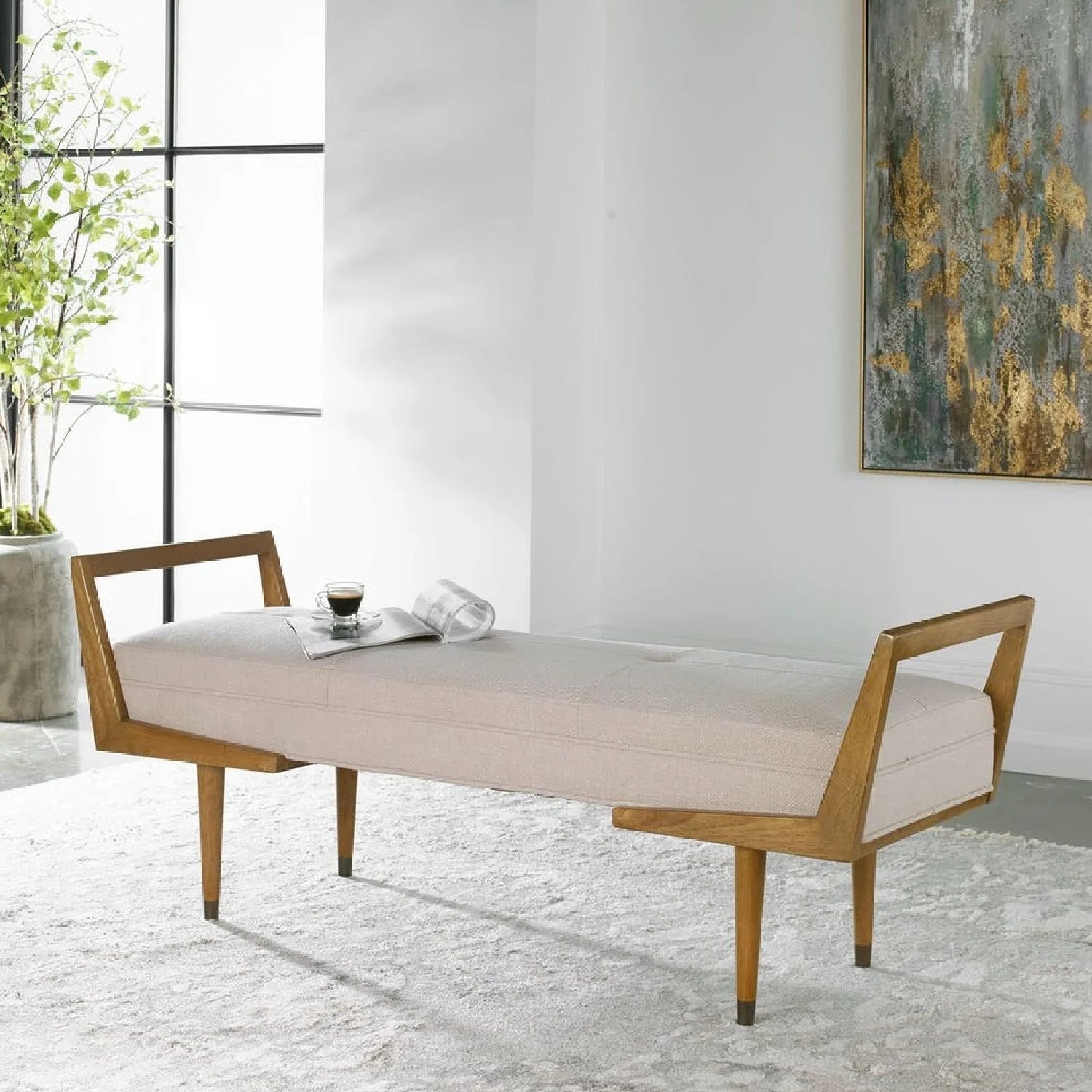 Luxury Tufted Beige Fabric Bench European Style for Villa