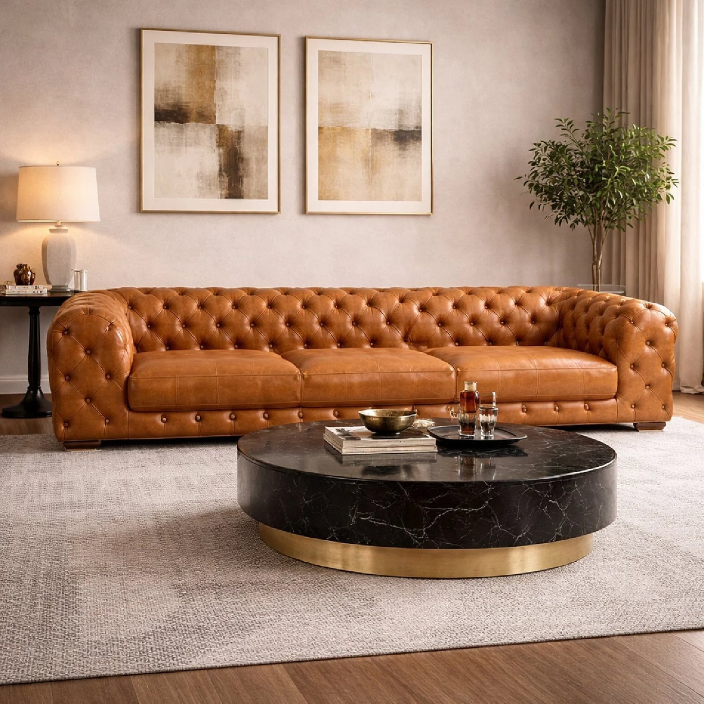 Luxury Tufted Brown Leather Sofa Modern Italian Style for Villa