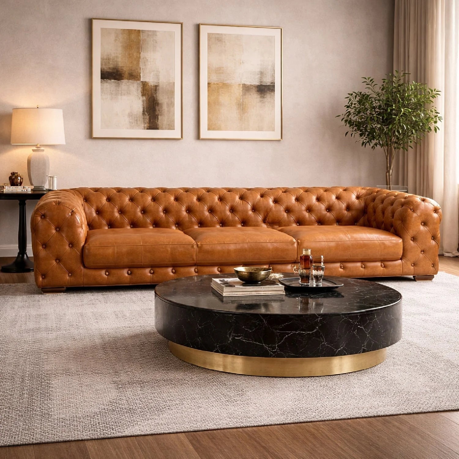 Luxury Tufted Brown Leather Sofa Modern Italian Style for Villa
