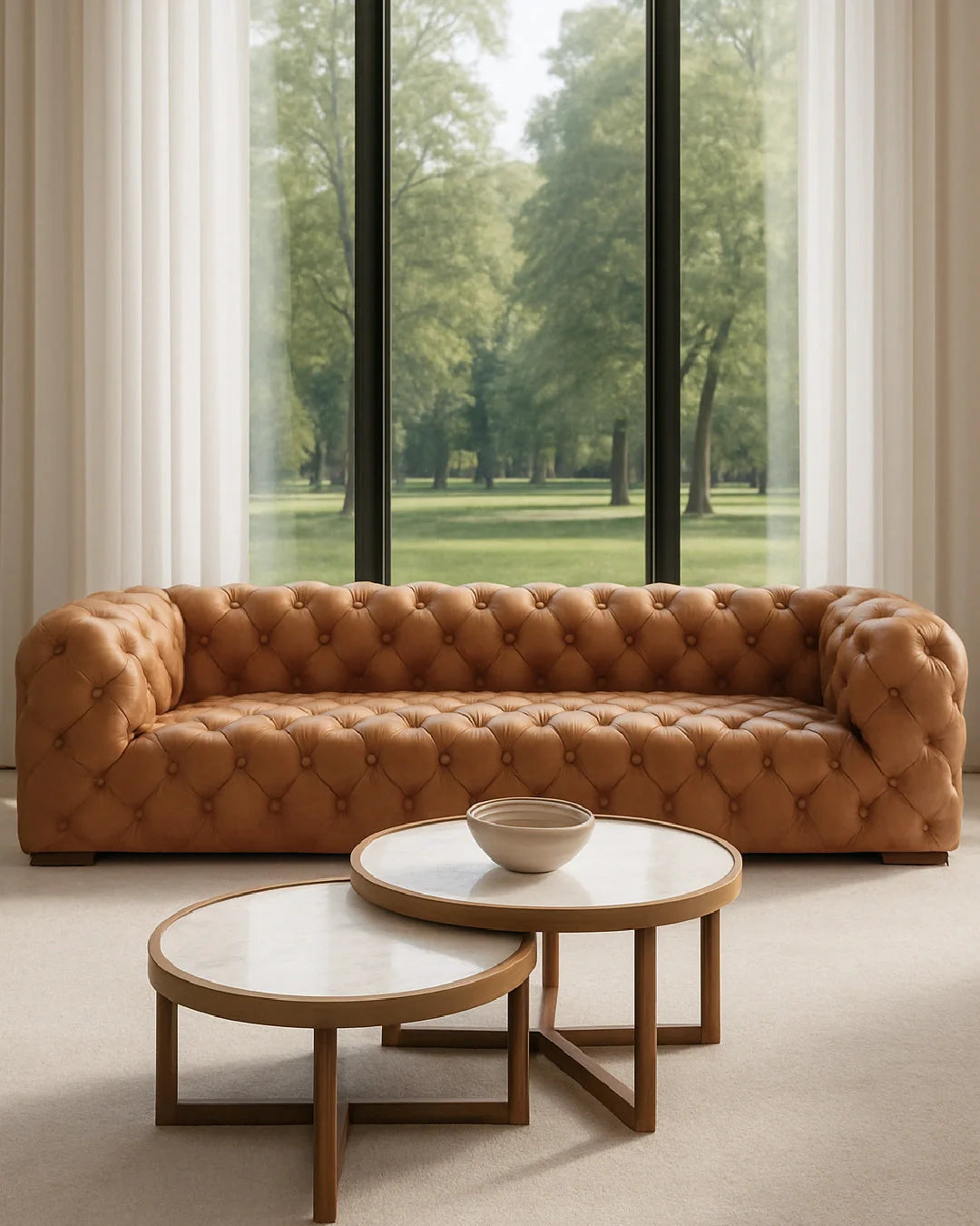 Luxury Tufted Brown Leather Sofa Modern Italian Style for Villa