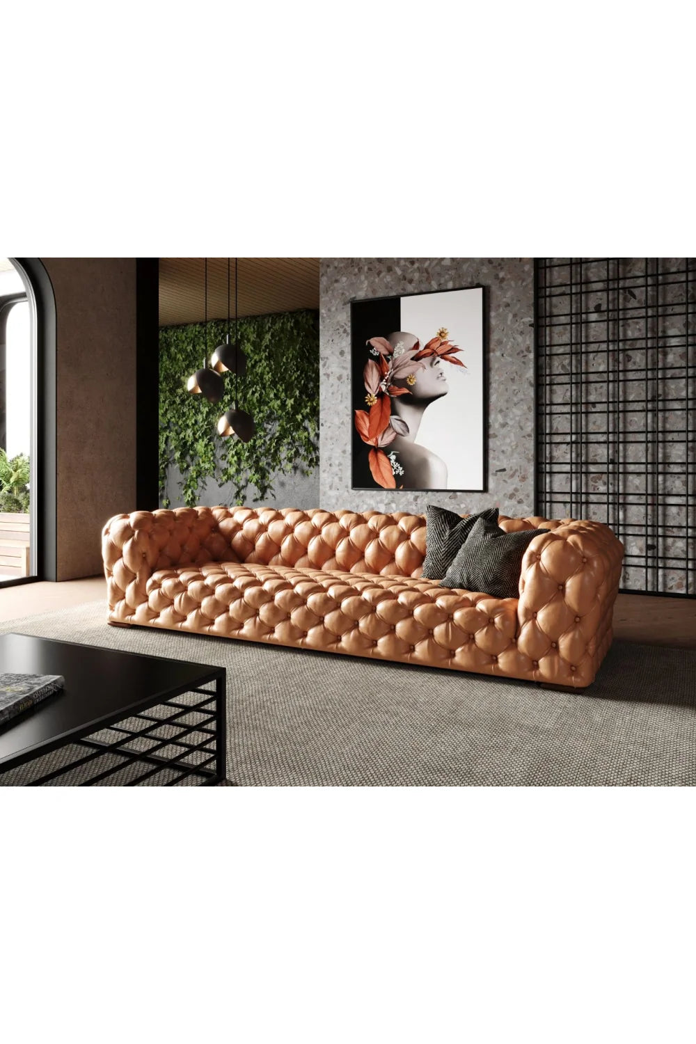 Luxury Tufted Brown Leather Sofa Modern Italian Style for Villa