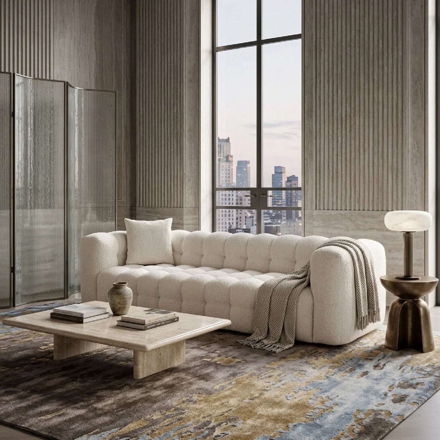 Luxury Tufted Cream Boucle Chesterfield Sofa Modern Italian Style for Villa