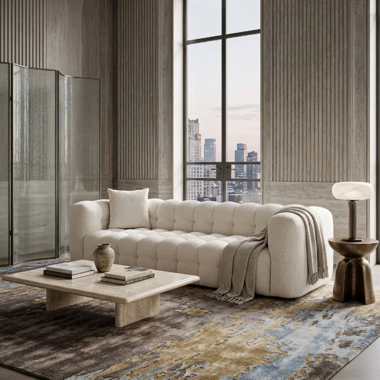 Luxury Tufted Cream Boucle Chesterfield Sofa Modern Italian Style for Villa