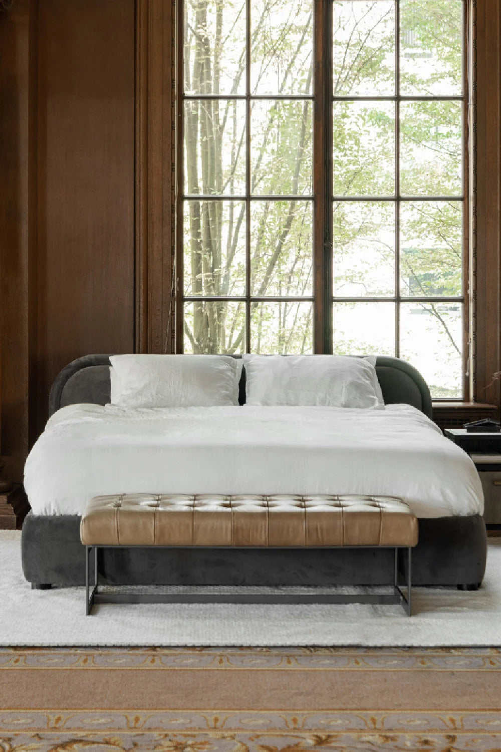 Luxury Tufted Tan Leather Bench European Style for Villa