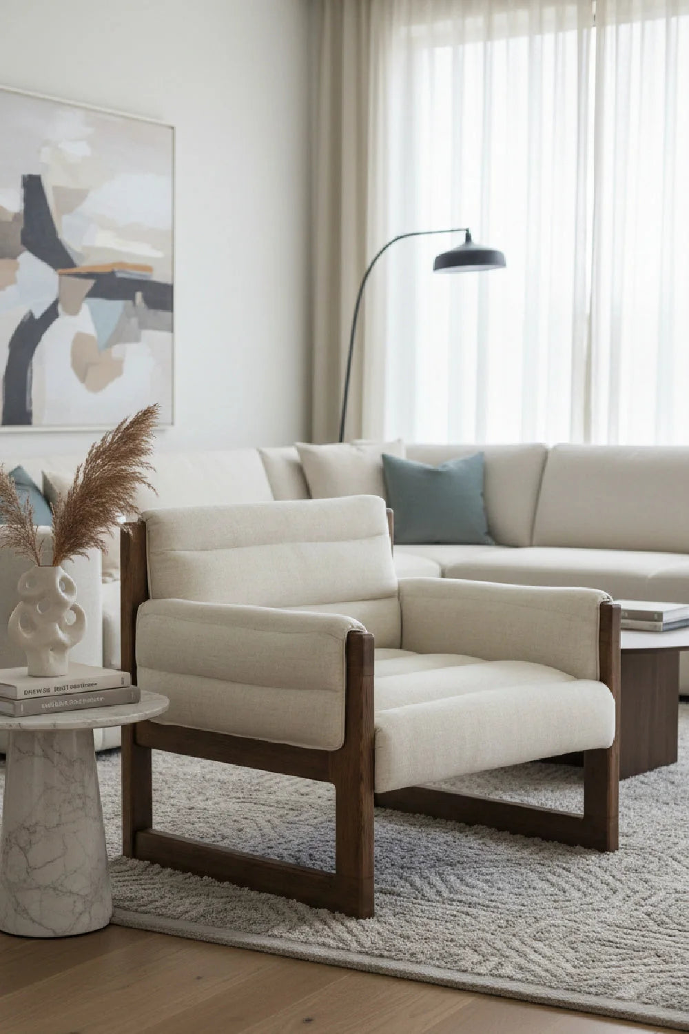 Luxury Tufted White Linen Lounge Chair Modern Italian Style for Villa