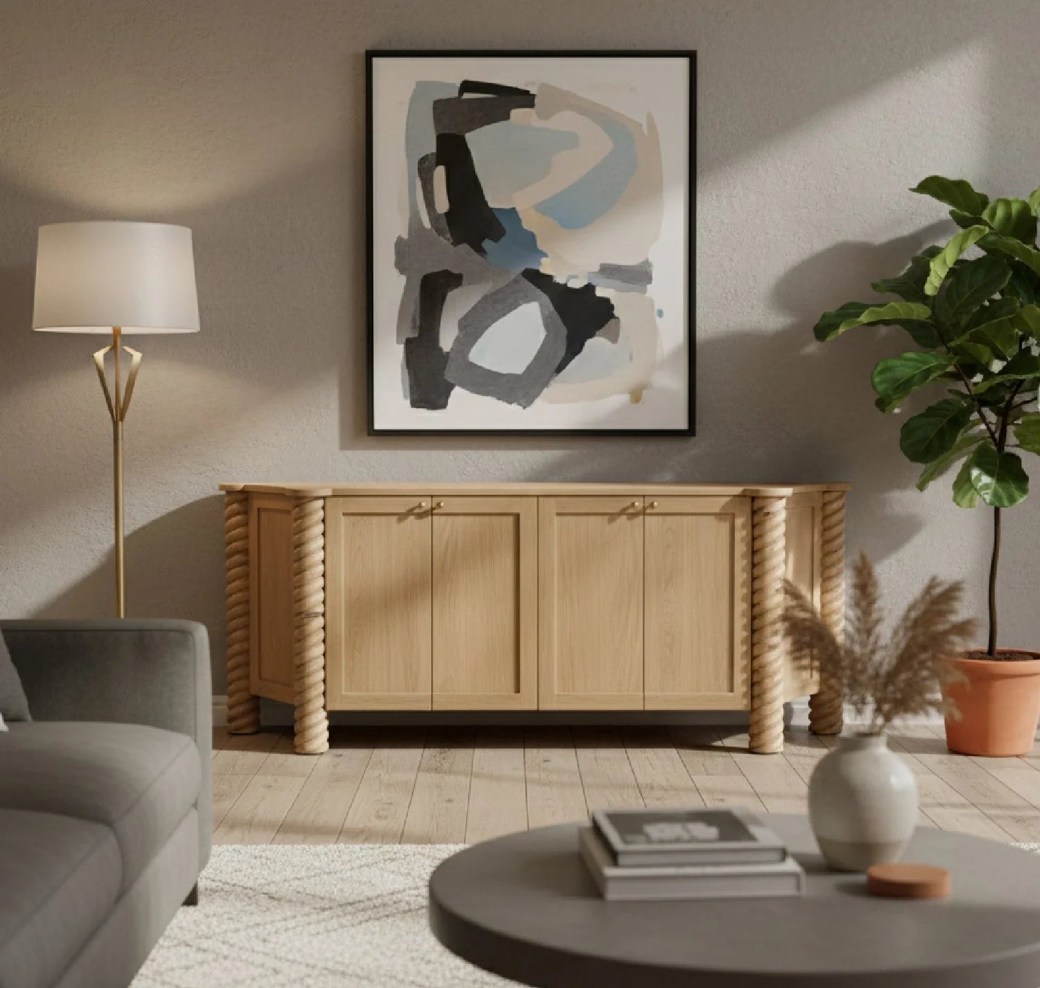 Luxury Turned Oak 4-Door Sideboard European Style for Villa