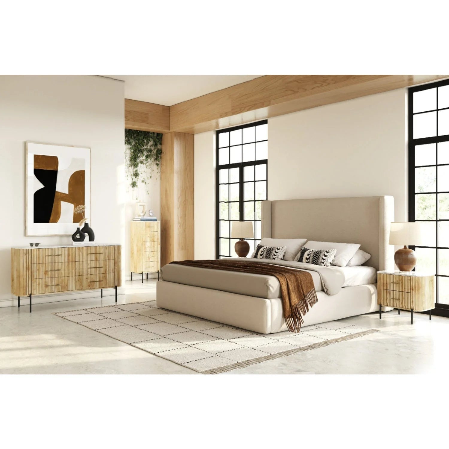Luxury Upholstered Modern Beige Bed European Style for Villa