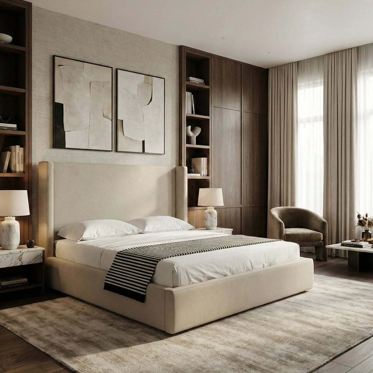Luxury Upholstered Modern Beige Bed European Style for Villa