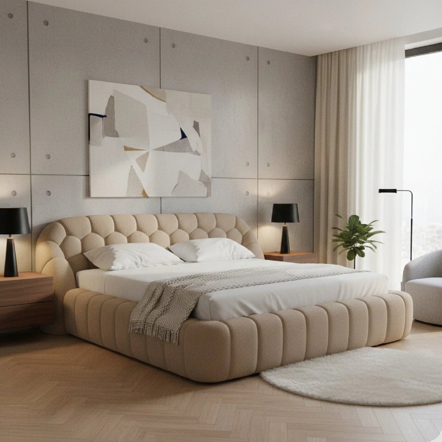 Luxury Upholstered Modern Beige Bed European Style for Villa