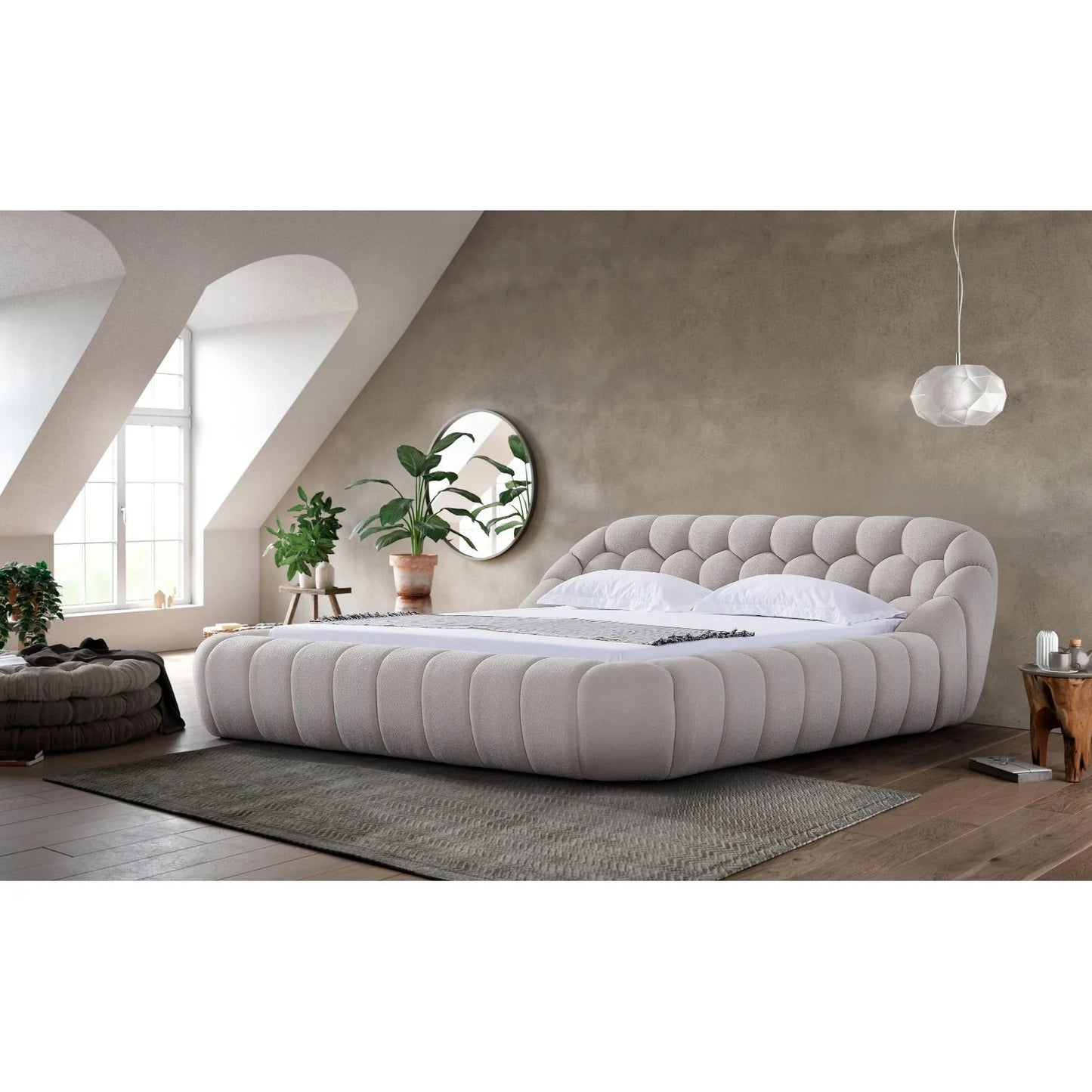 Luxury Upholstered Modern Beige Bed European Style for Villa