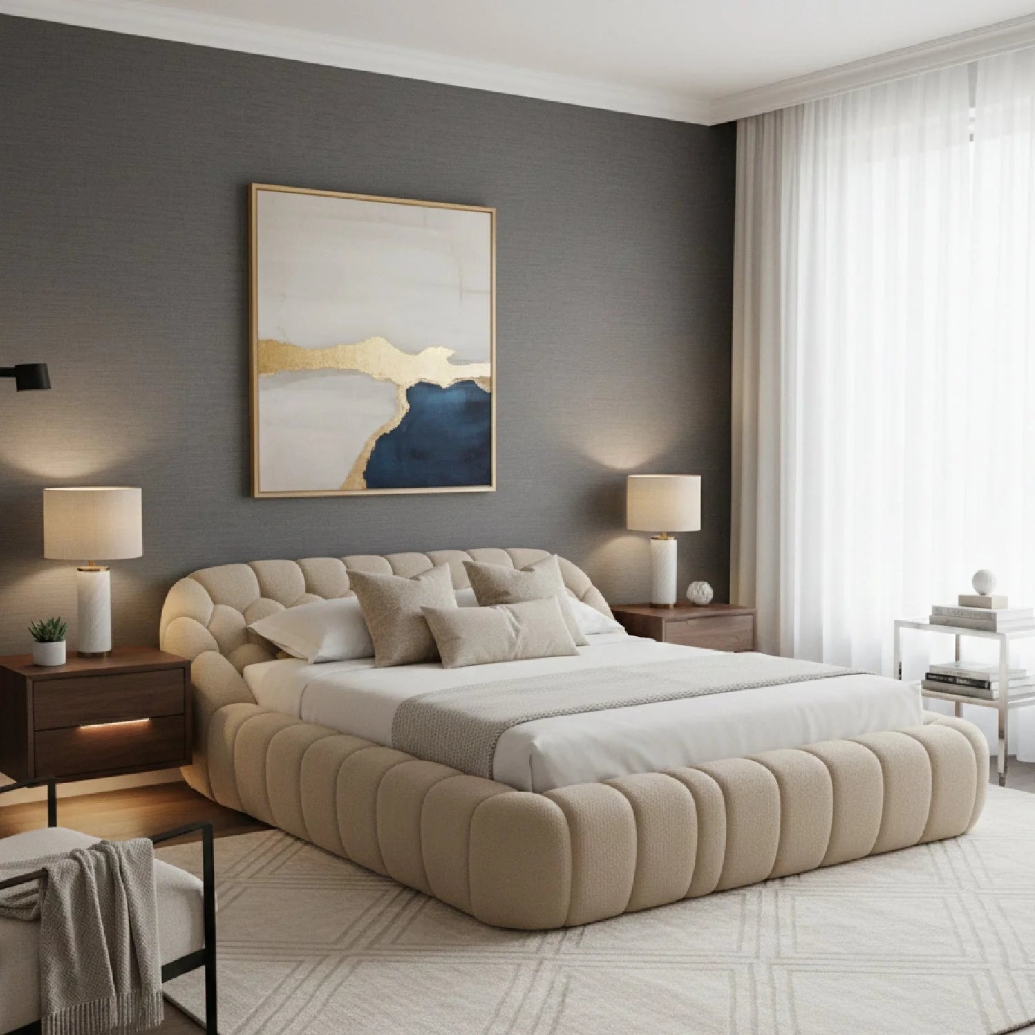 Luxury Upholstered Modern Beige Bed European Style for Villa