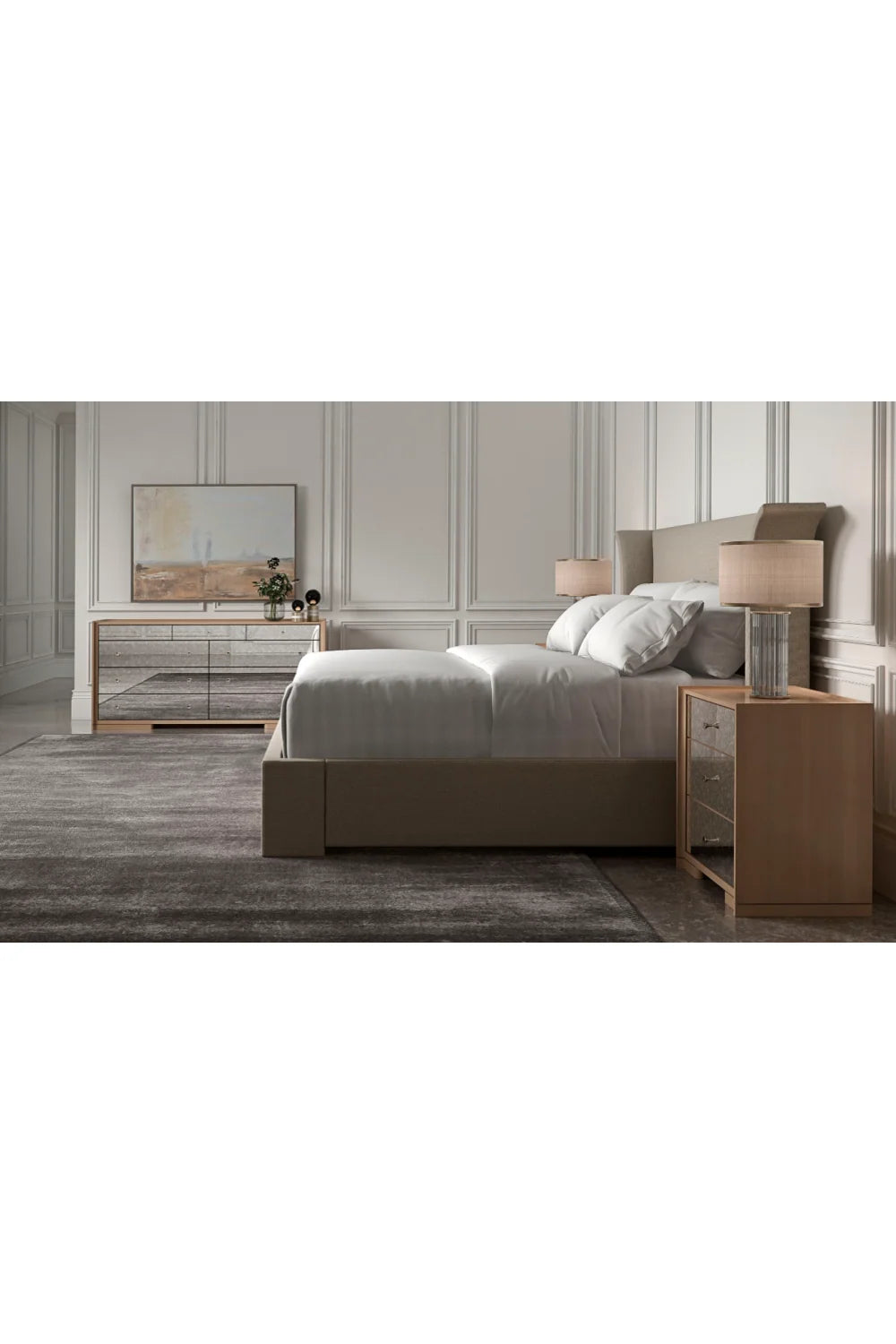 Luxury Upholstered Modern Beige Flared Bed European Style for Villa