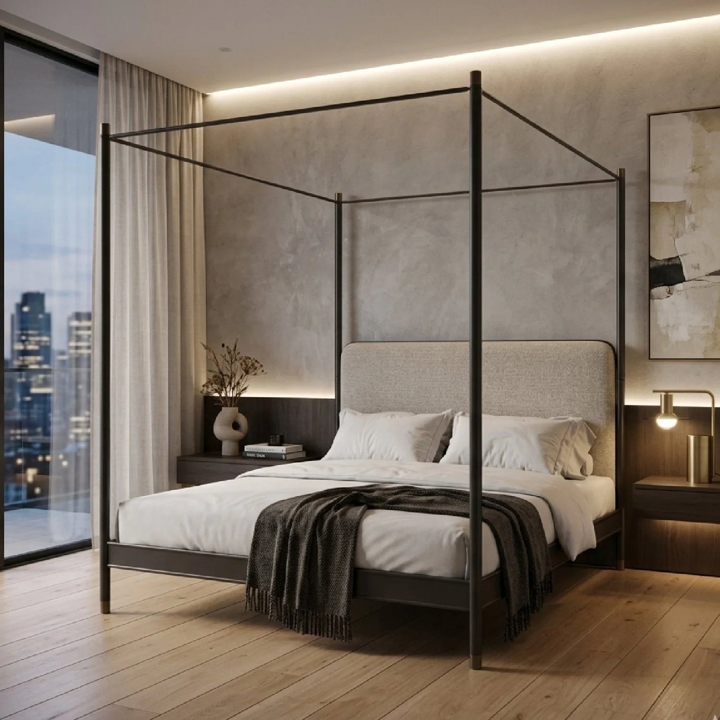 Luxury Upholstered Modern Bronze Canopy Bed European Style for Villa