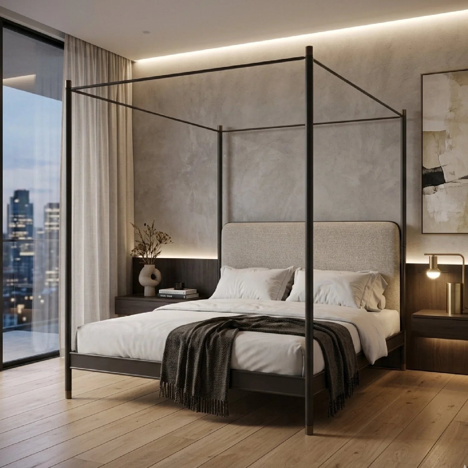 Luxury Upholstered Modern Bronze Canopy Bed European Style for Villa