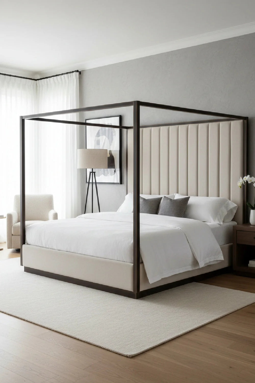 Luxury Upholstered Modern Bronze Canopy Bed European Style for Villa