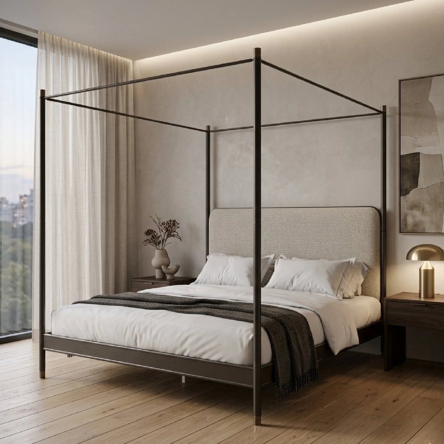 Luxury Upholstered Modern Bronze Canopy Bed European Style for Villa