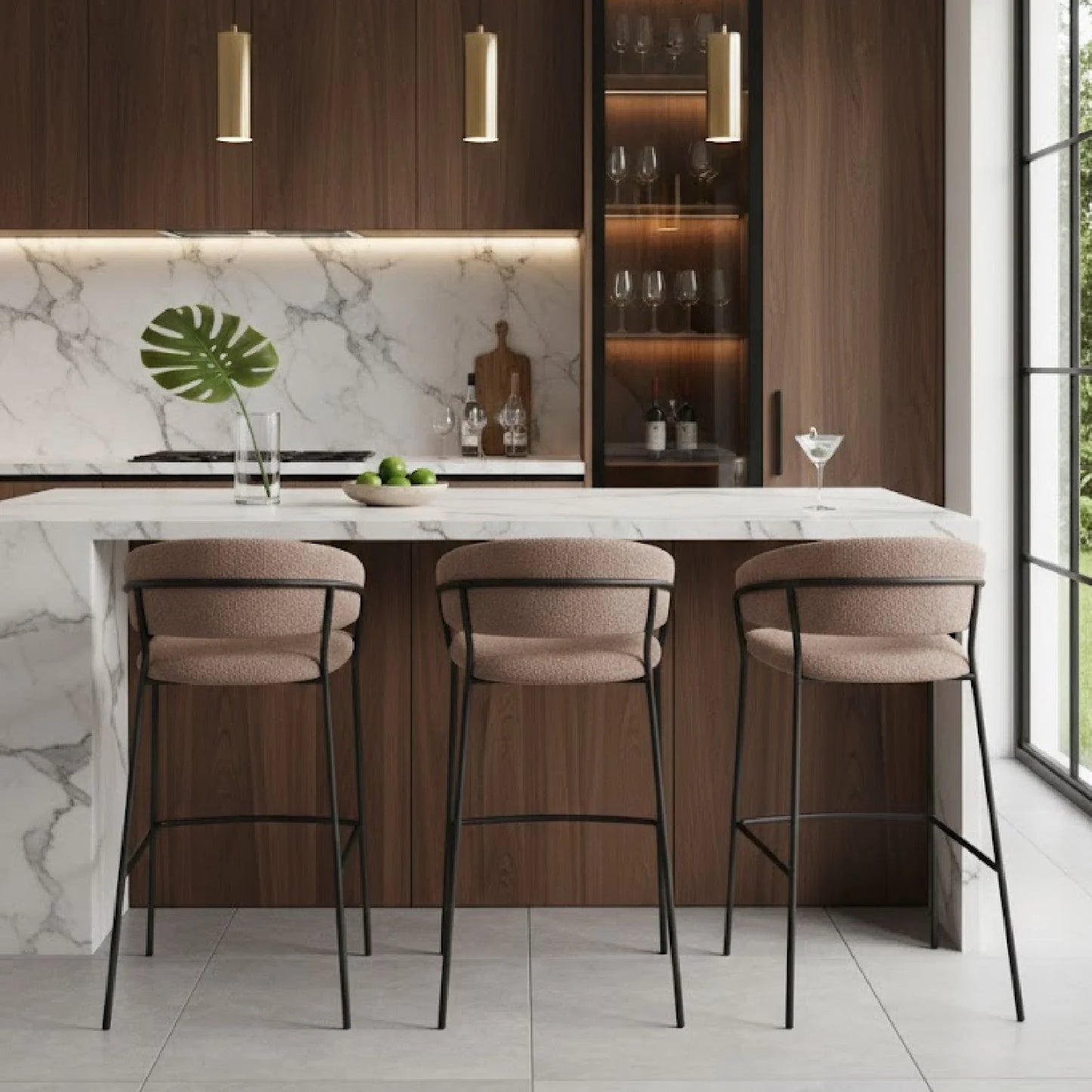 Luxury Upholstered Modern Brown Bar Stool European Style for Villa