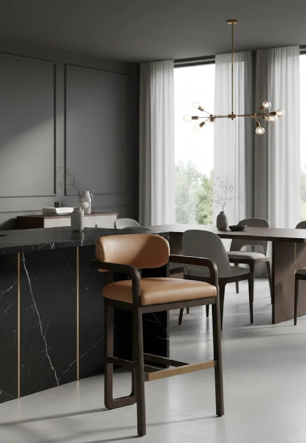 Luxury Upholstered Modern Brown Leather Bar Stool European Style for Villa