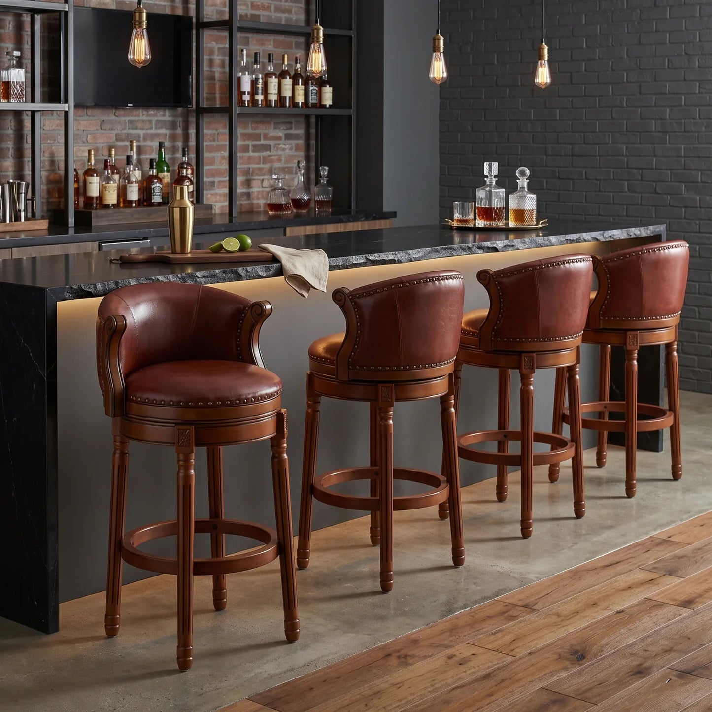 Luxury Upholstered Modern Brown Leather Barstool European Style for Villa