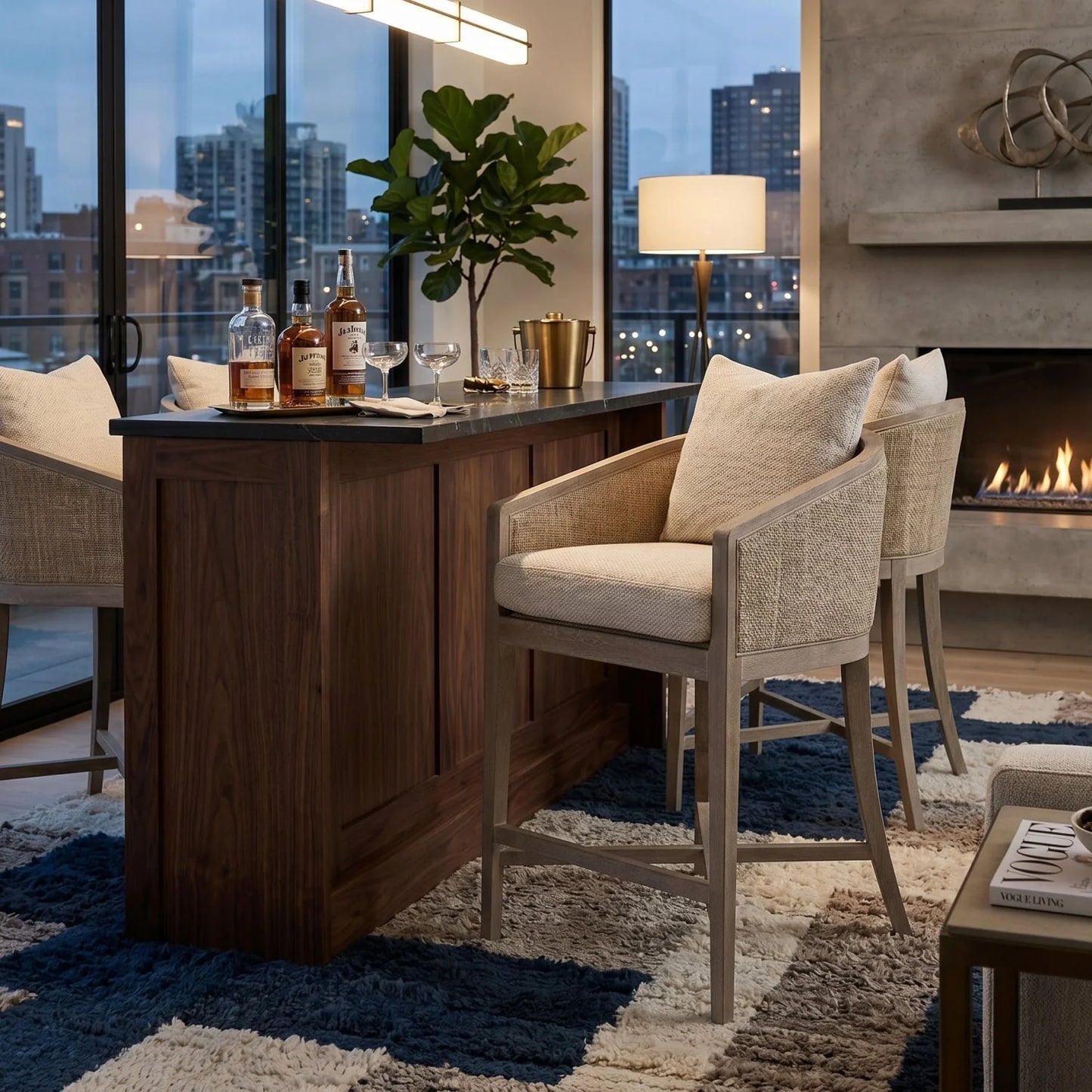 Luxury Upholstered Modern Cane Counter Stool European Style for Villa