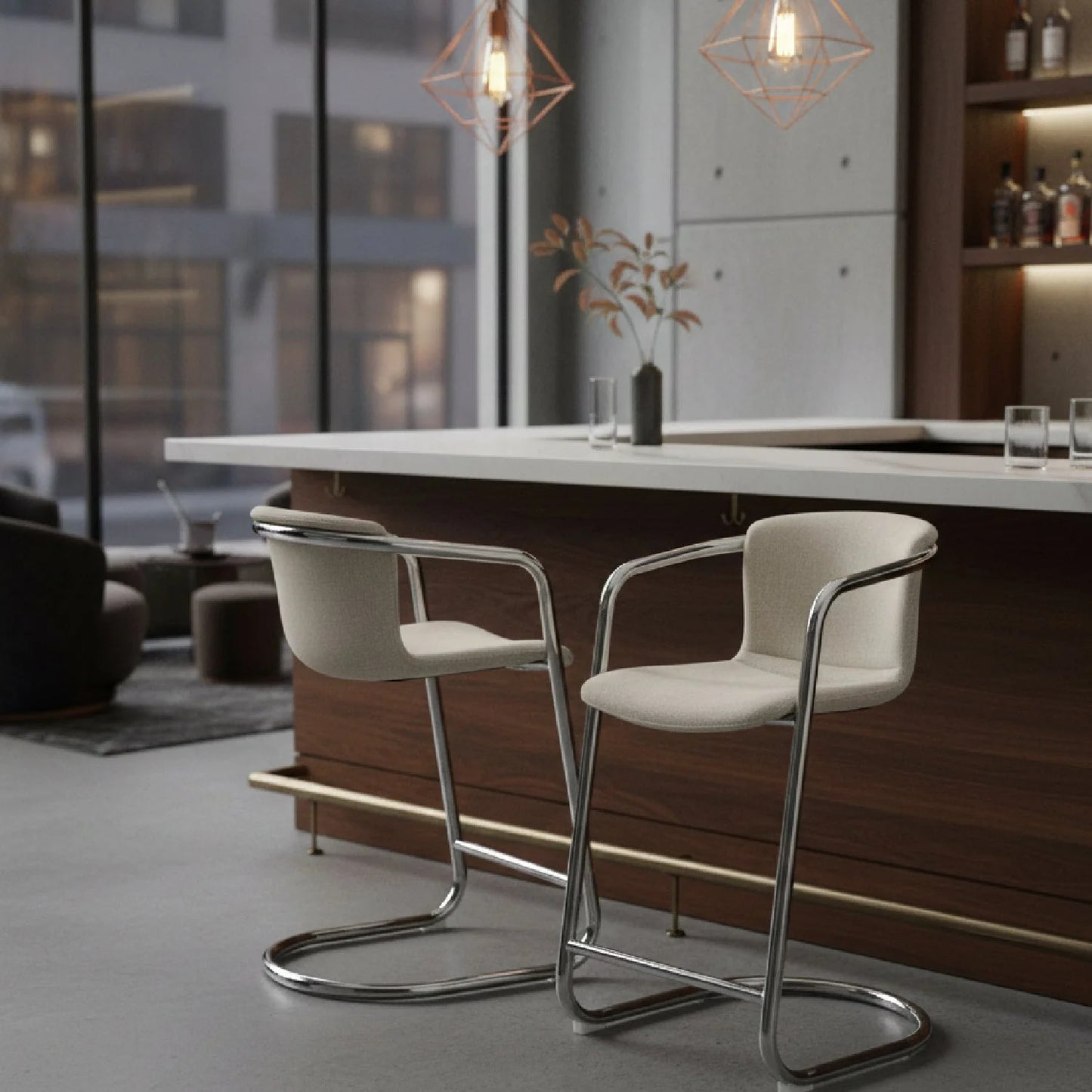 Luxury Upholstered Modern Cantilevered Counter Stool Set European Style for Villa