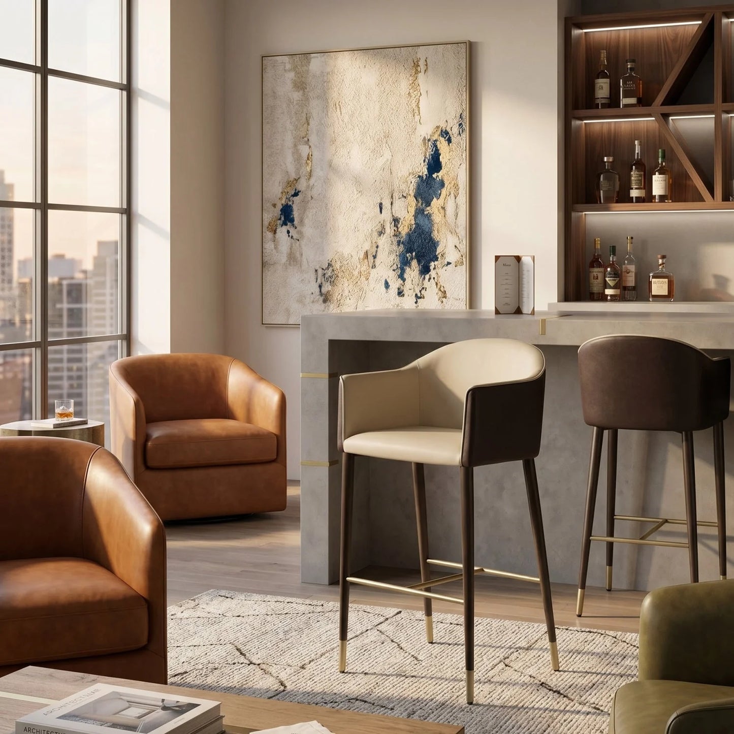 Luxury Upholstered Modern Cream Counter Stool European Style for Villa