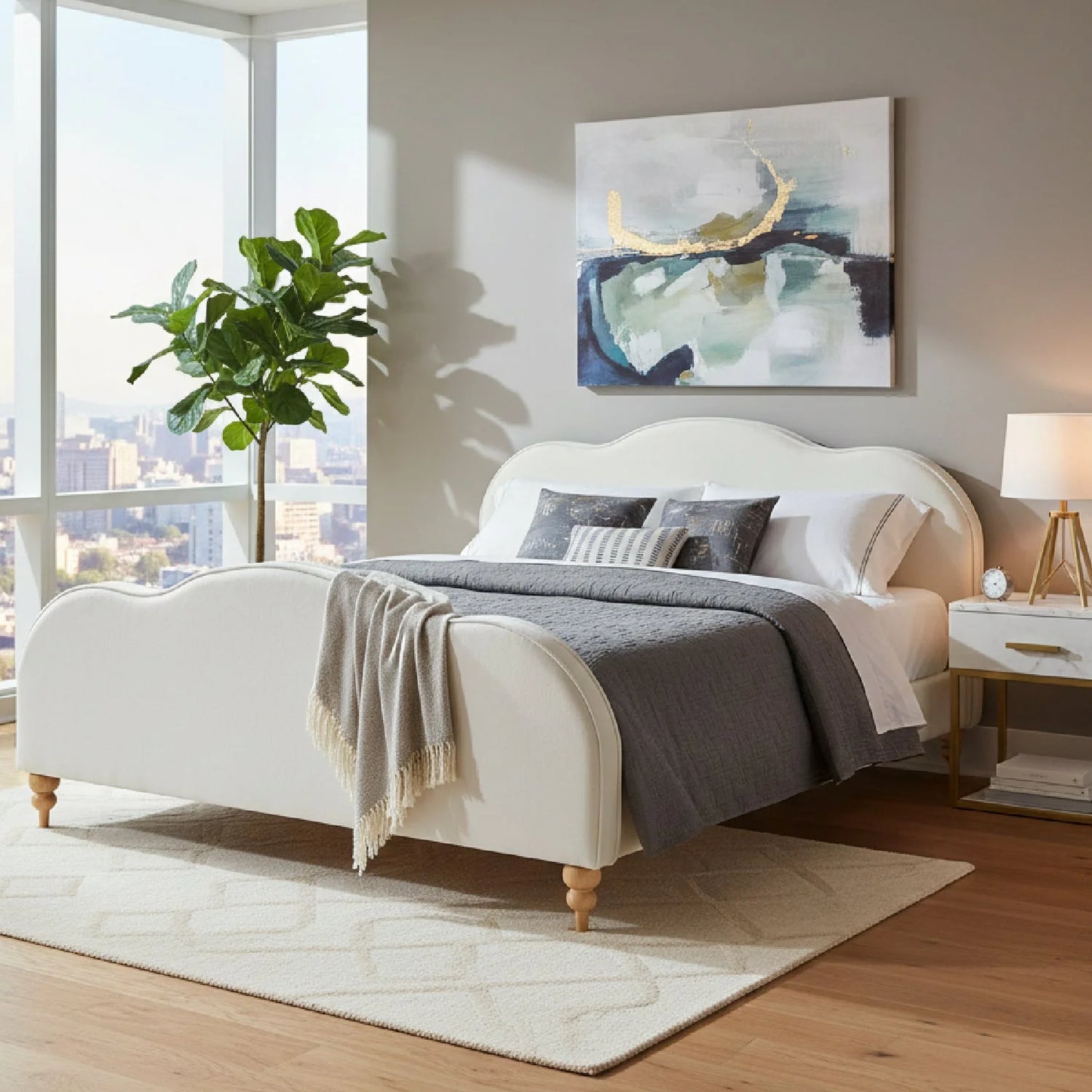 Luxury Upholstered Modern Cream Wave Bed European Style for Villa