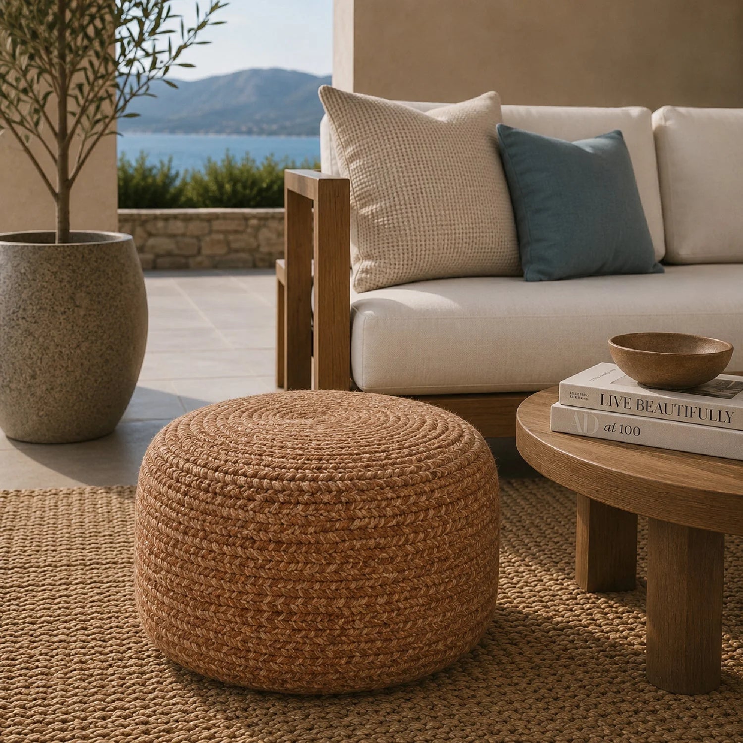 Luxury Upholstered Modern Fabric Outdoor Ottoman European Style for Villa