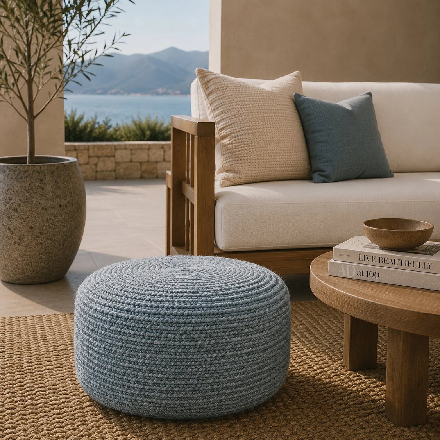Luxury Upholstered Modern Fabric Outdoor Ottoman European Style for Villa