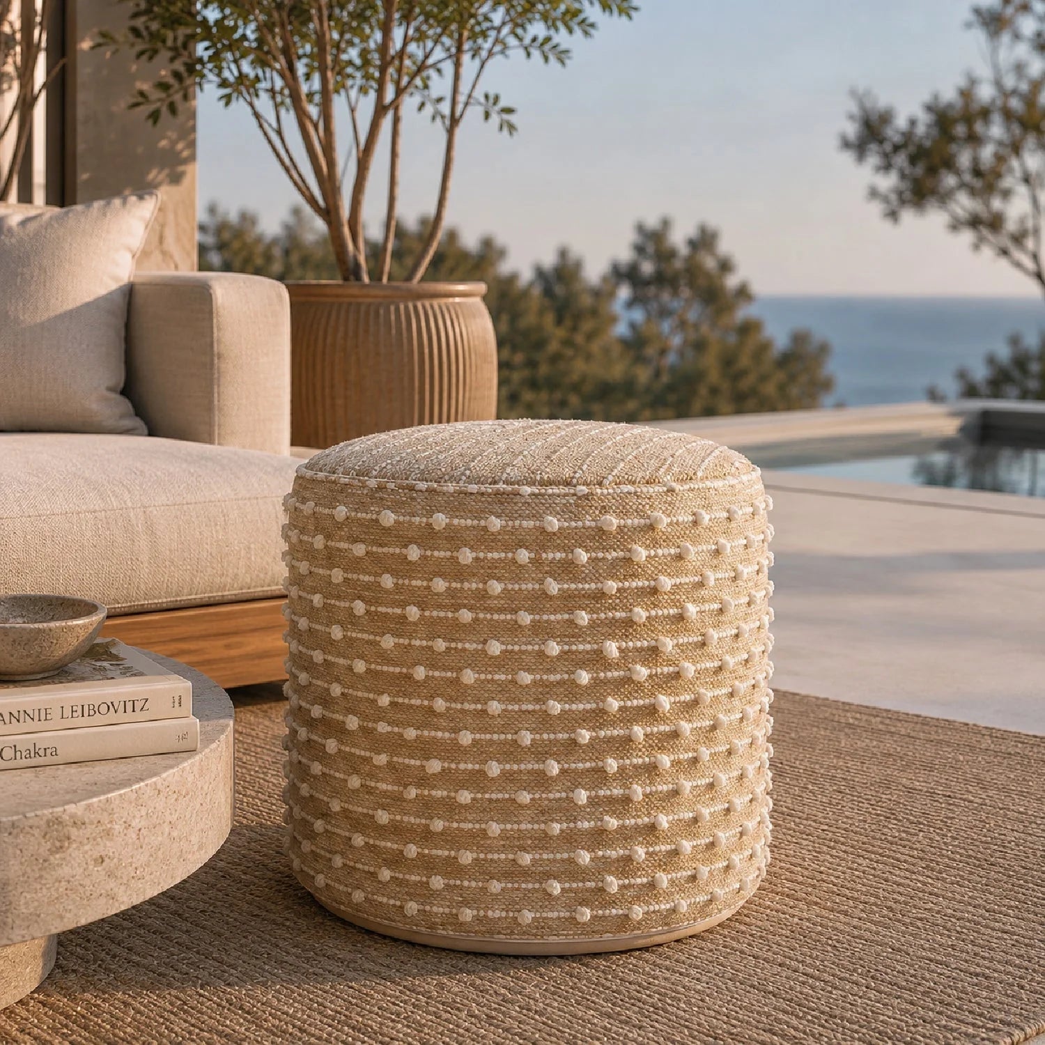 Luxury Upholstered Modern Fabric Pouf European Style for Villa