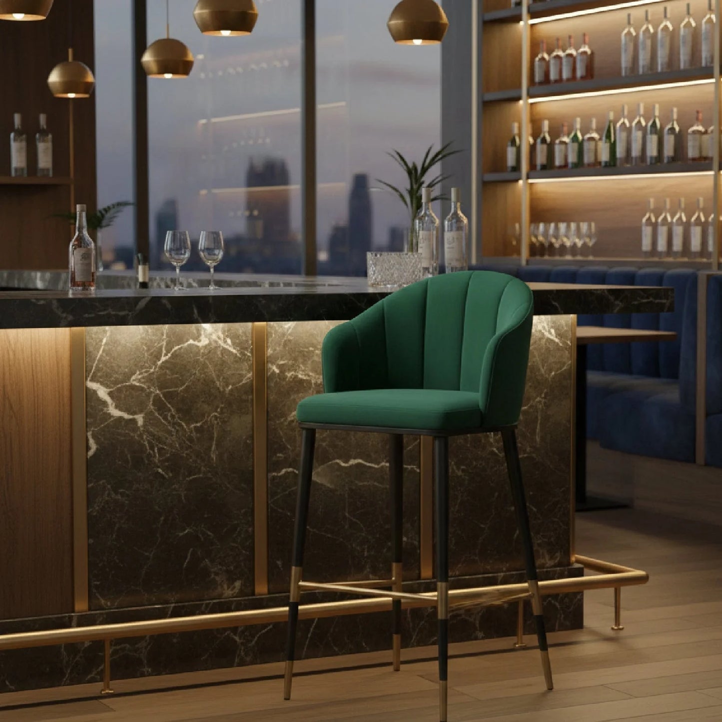 Luxury Upholstered Modern Green Velvet Bar Stool European Style for Villa