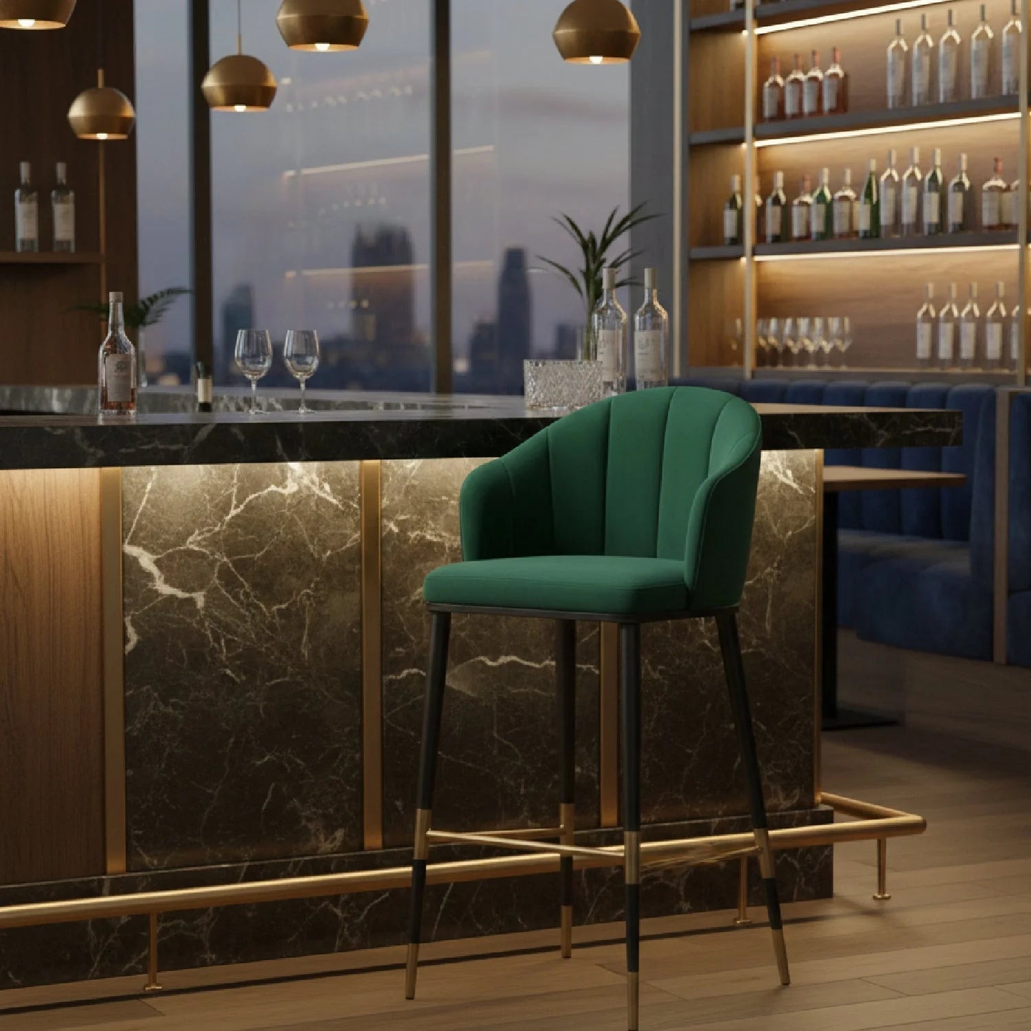 Luxury Upholstered Modern Green Velvet Bar Stool European Style for Villa