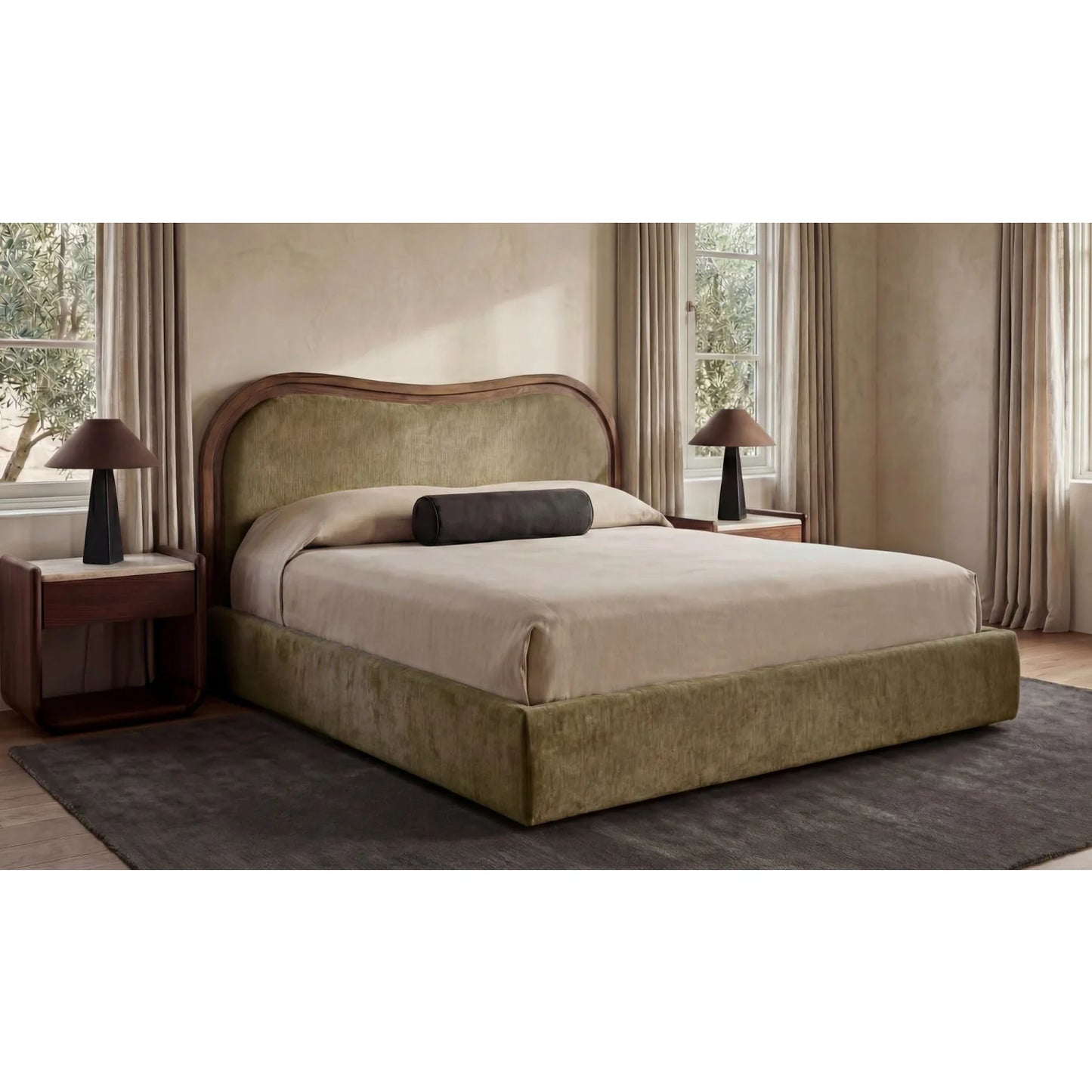 Luxury Upholstered Modern Green Wave Bed European Style for Villa