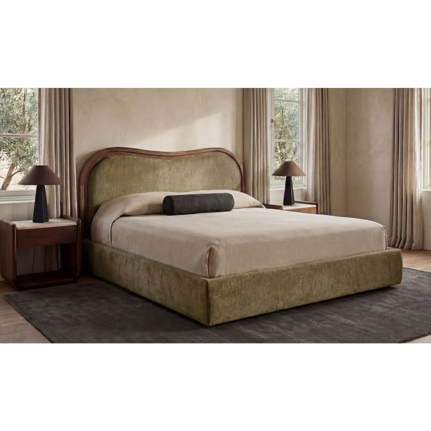 Luxury Upholstered Modern Green Wave Bed European Style for Villa