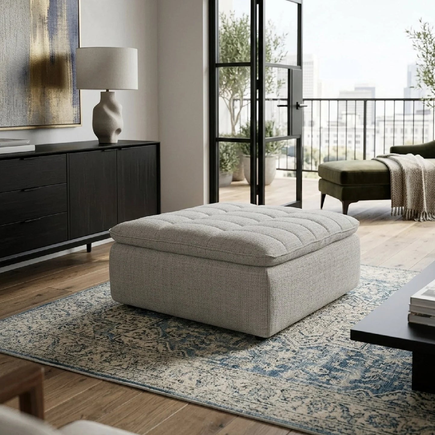 Luxury Upholstered Modern Grid Channeled Ottoman European Style for Villa