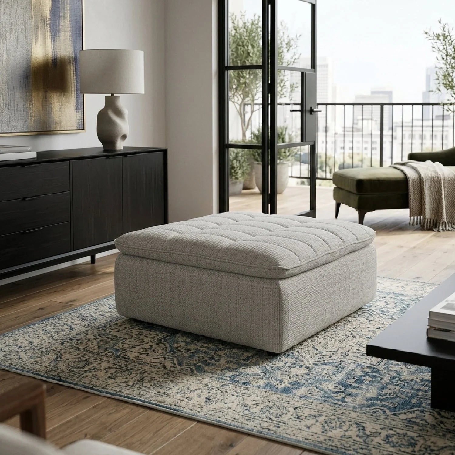 Luxury Upholstered Modern Grid Channeled Ottoman European Style for Villa