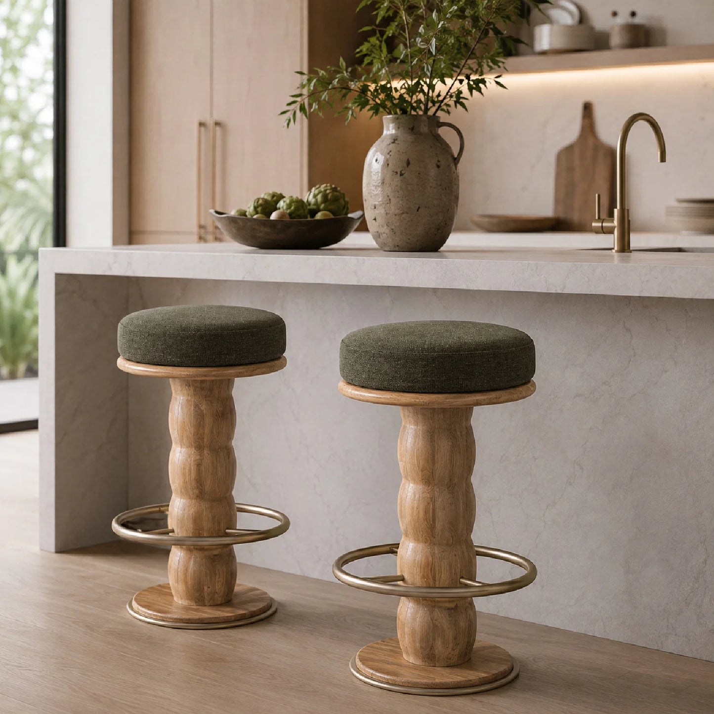 Luxury Upholstered Modern Oak Swivel Counter Stool European Style for Villa