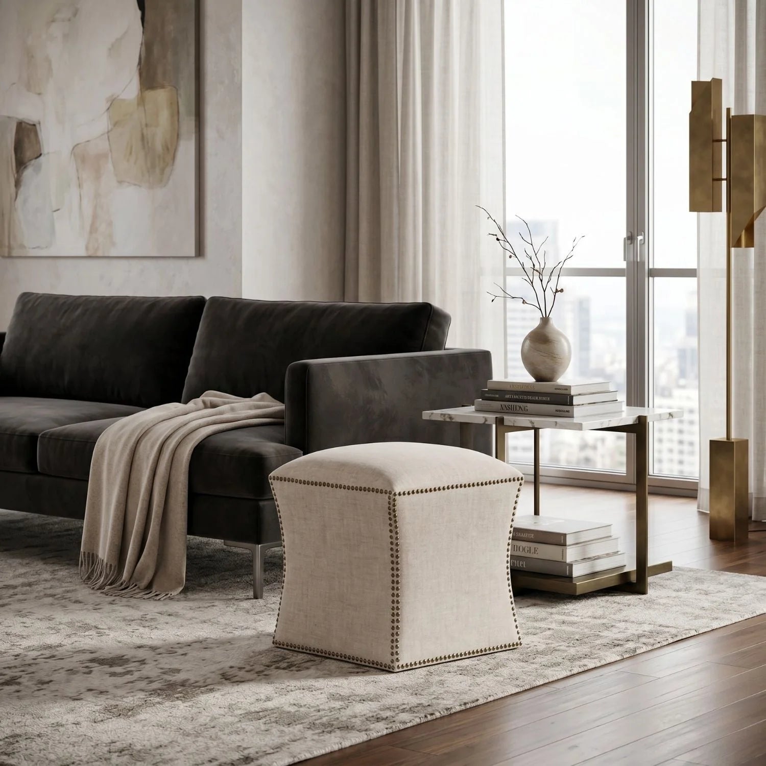 Luxury Upholstered Modern Square Ottoman European Style for Villa