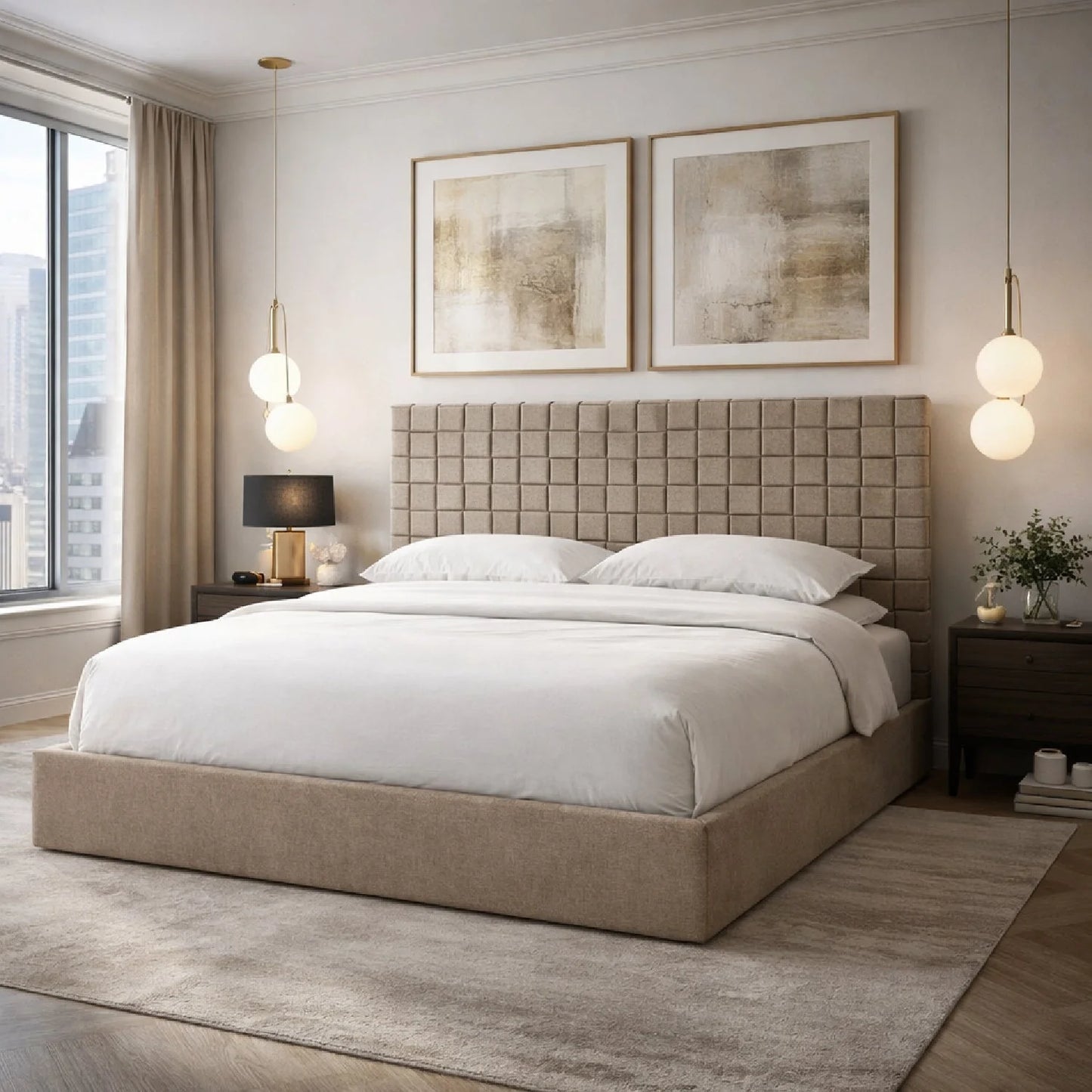 Luxury Upholstered Modern Taupe Woven Bed European Style for Villa