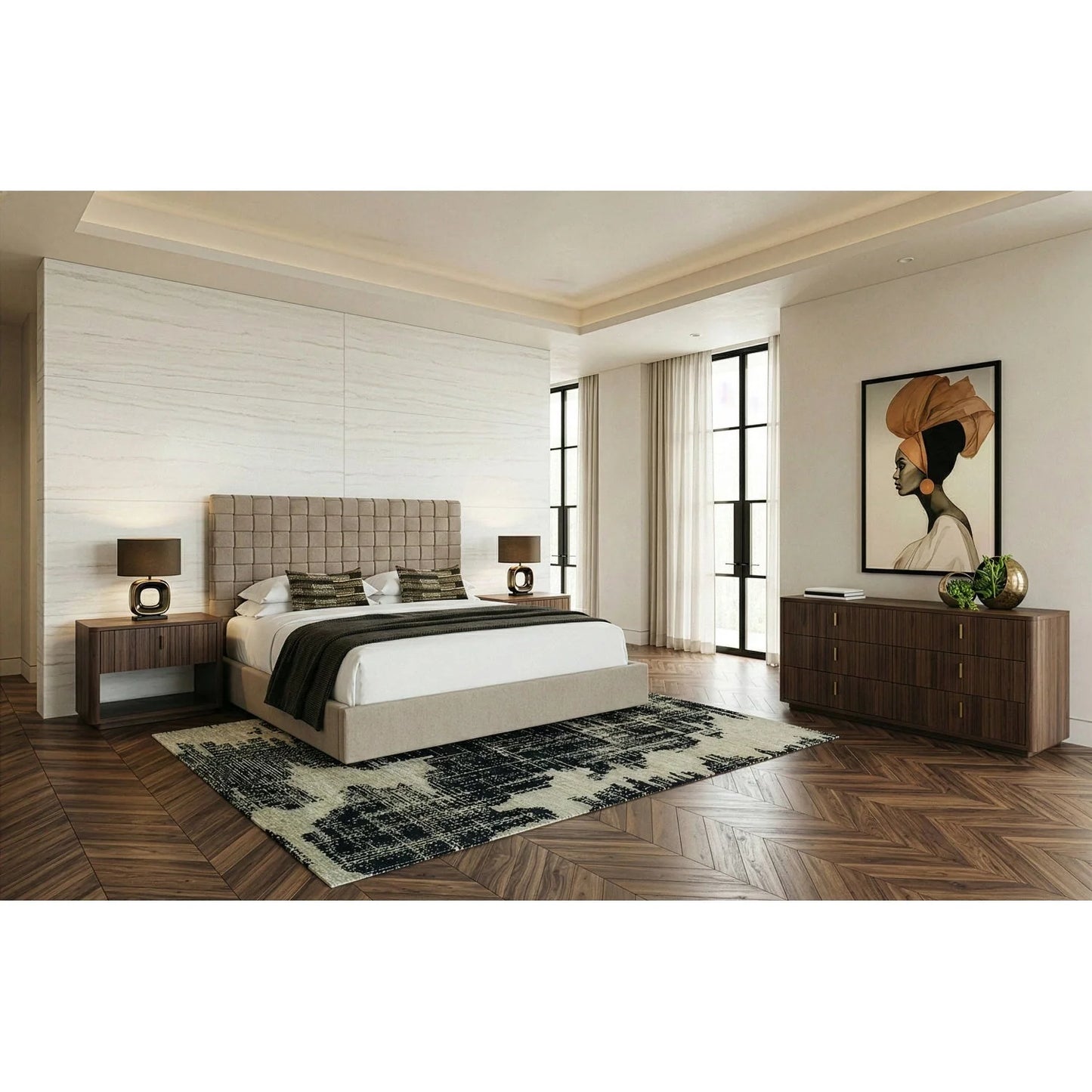 Luxury Upholstered Modern Taupe Woven Bed European Style for Villa