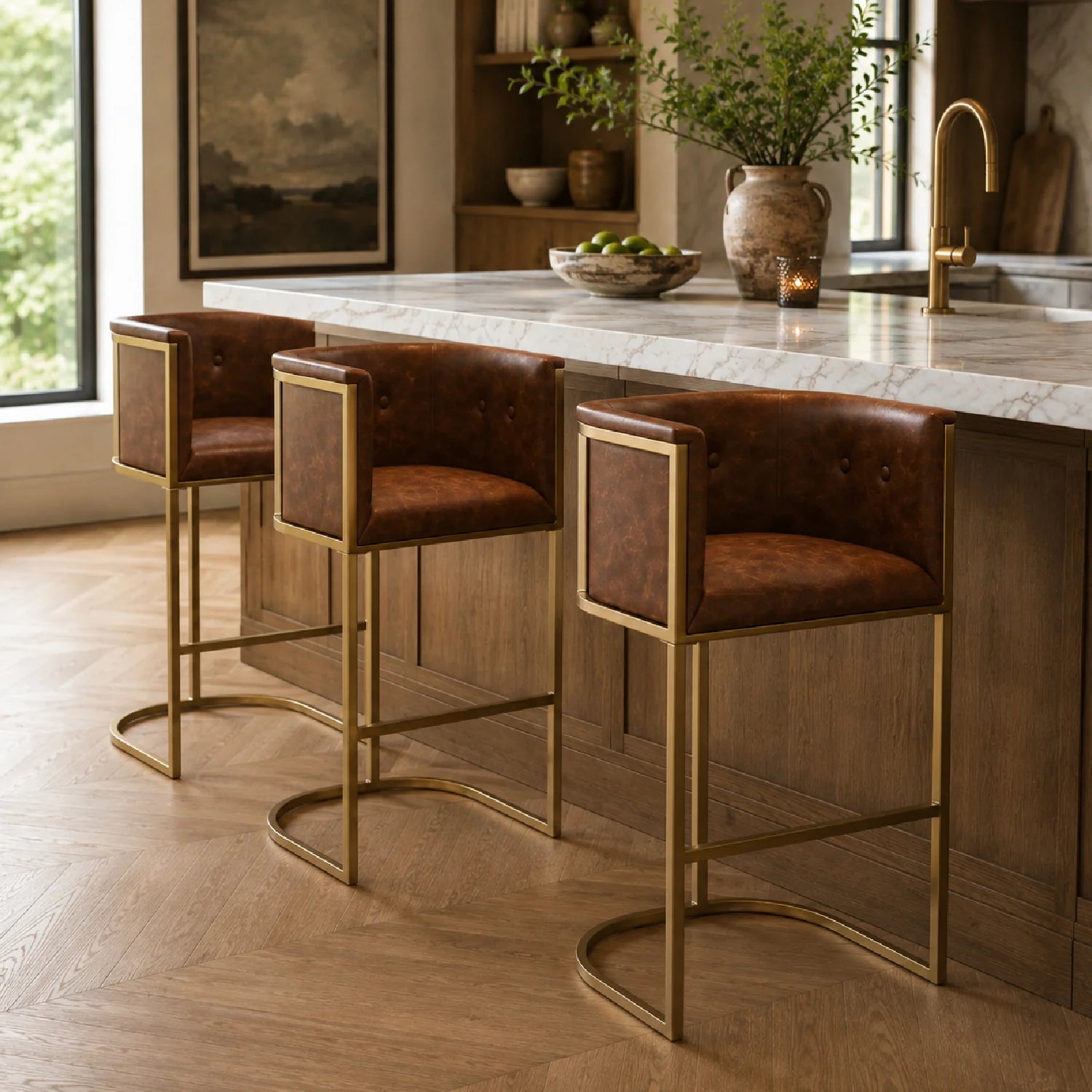 Luxury Upholstered Modern Tobacco Brown Bar Stool European Style for Villa