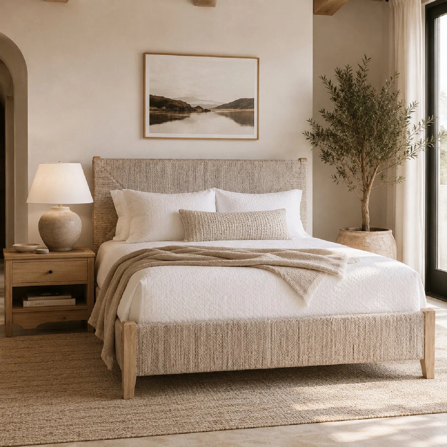 Luxury Upholstered Modern Whitewashed Abaca Bed European Style for Villa