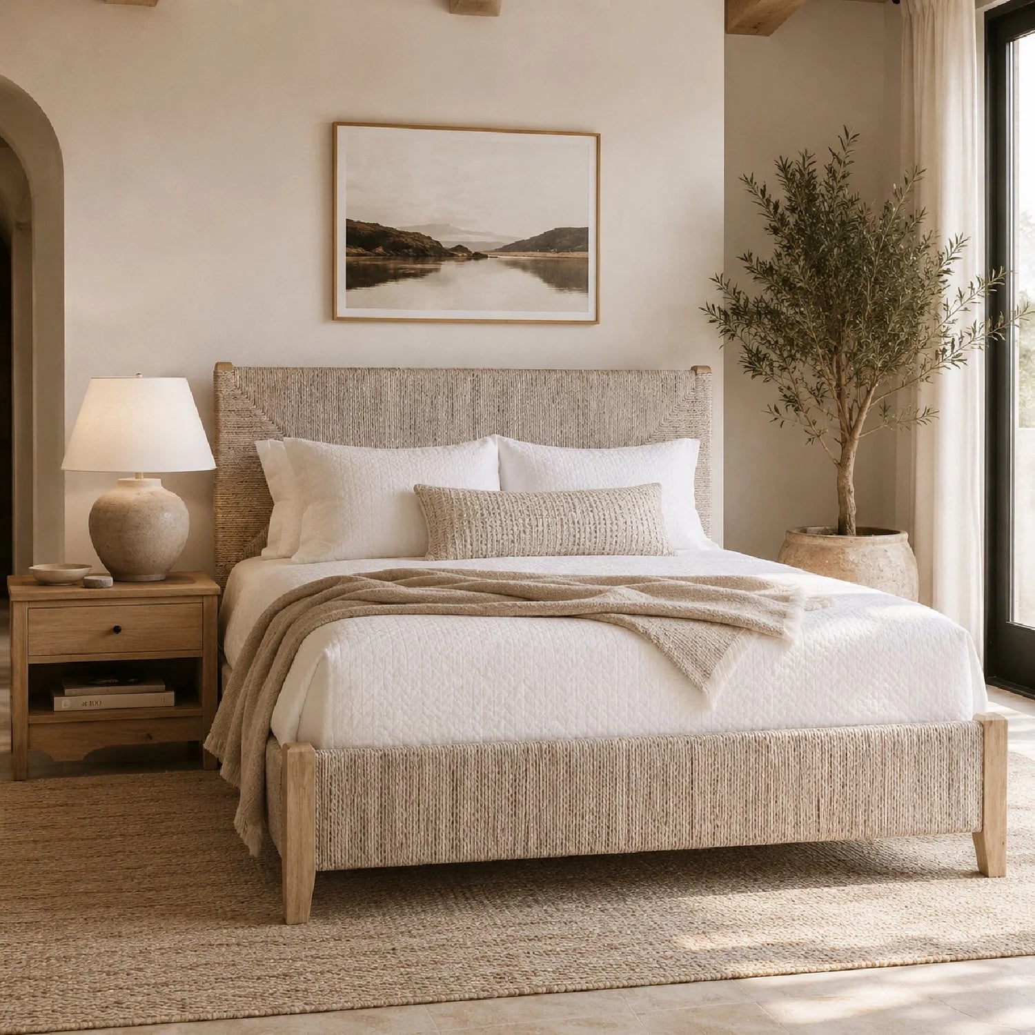 Luxury Upholstered Modern Whitewashed Abaca Bed European Style for Villa