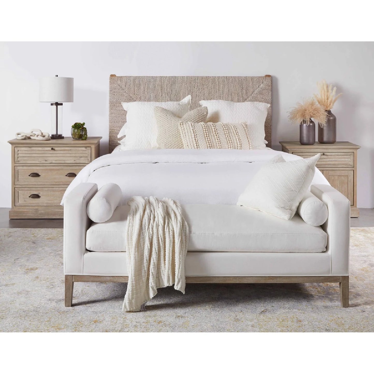 Luxury Upholstered Modern Whitewashed Abaca Bed European Style for Villa