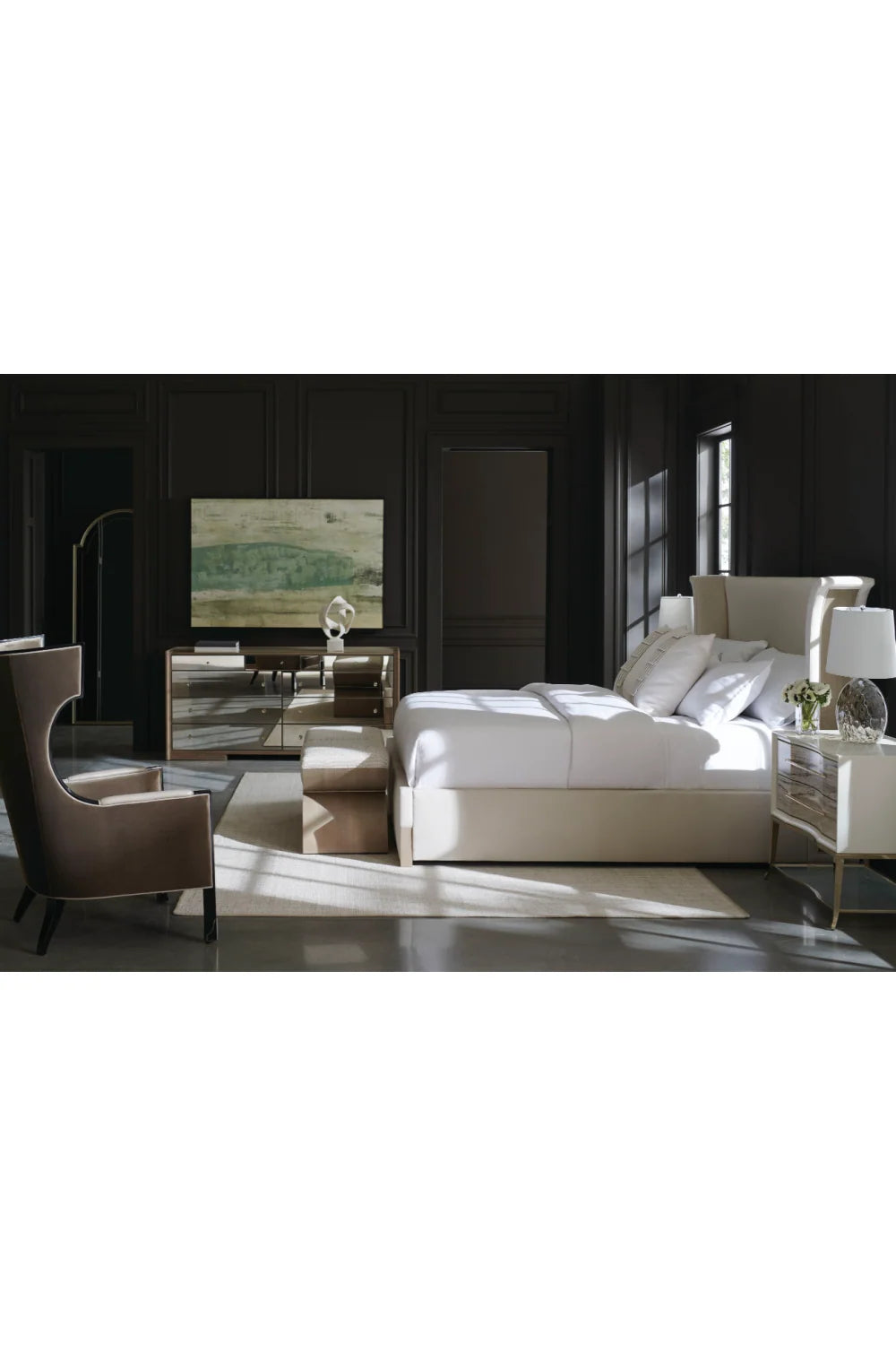 Luxury Upholstered Modern Wooden Crescent Ottoman European Style for Villa