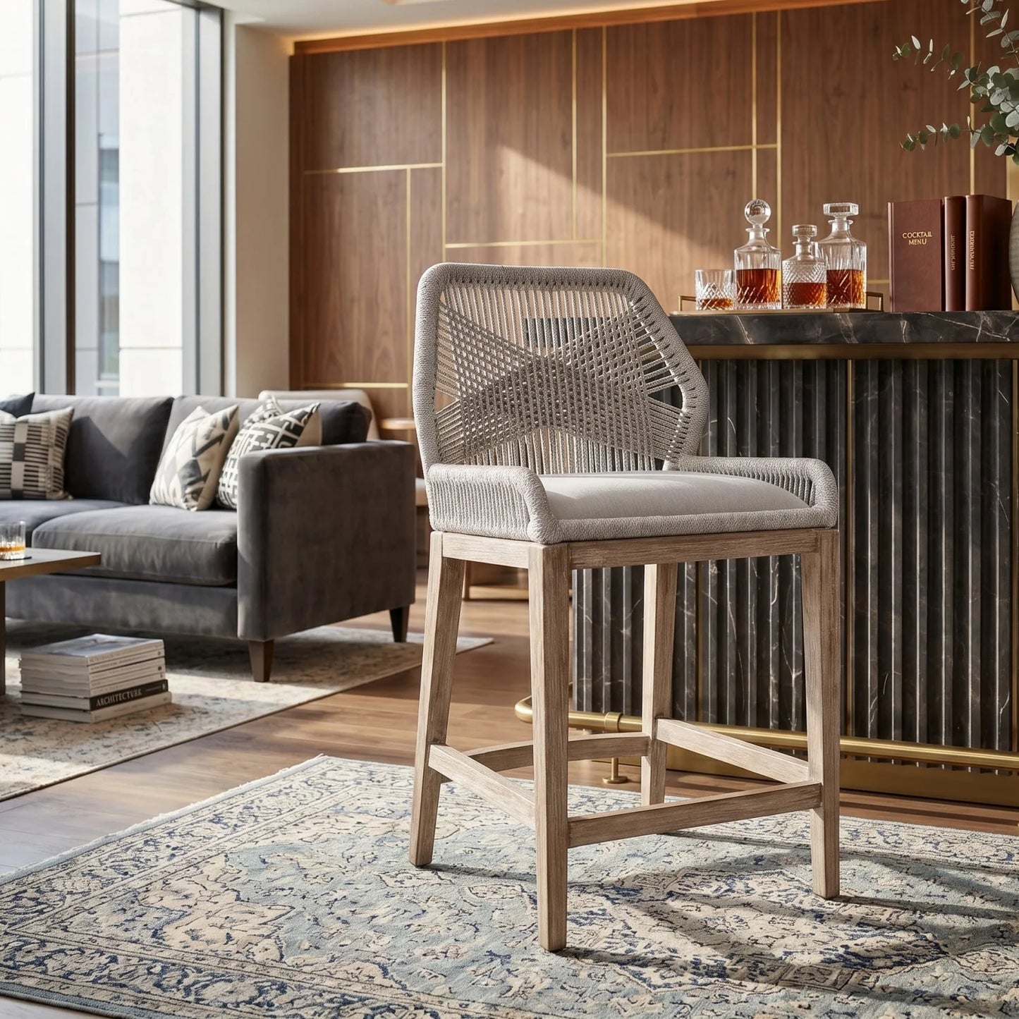 Luxury Upholstered Modern Woven Flat Rope Counter Stool European Style for Villa